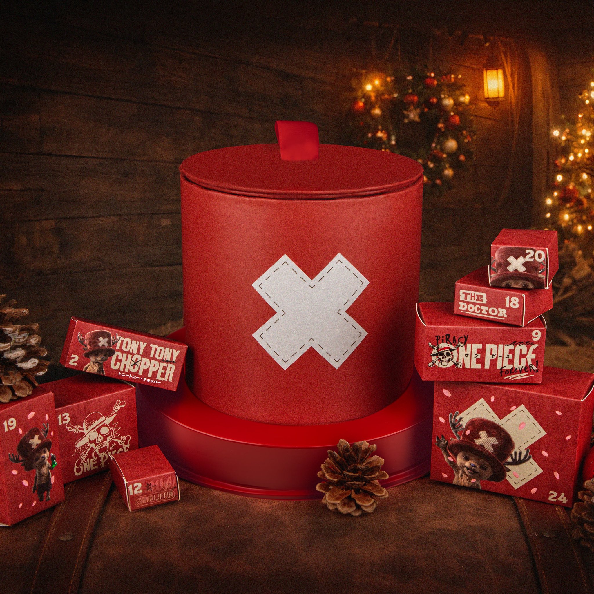 Calendrier de l'Avent One Piece en forme de chapeau de Chopper avec décoration de Noël