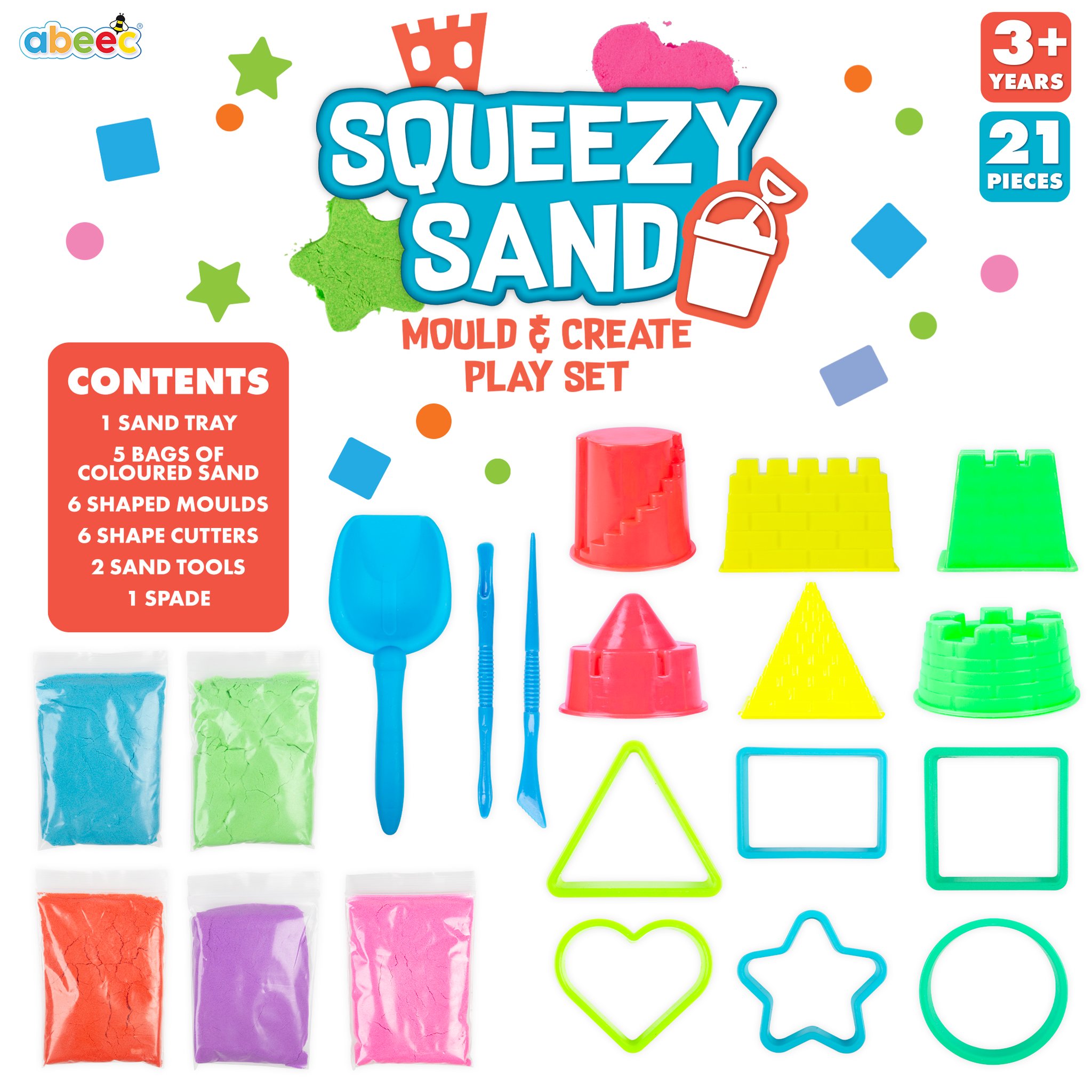 abeec Squeezy Sand Set – Inhalt: 21 Teile mit Sand, Formen und Werkzeug