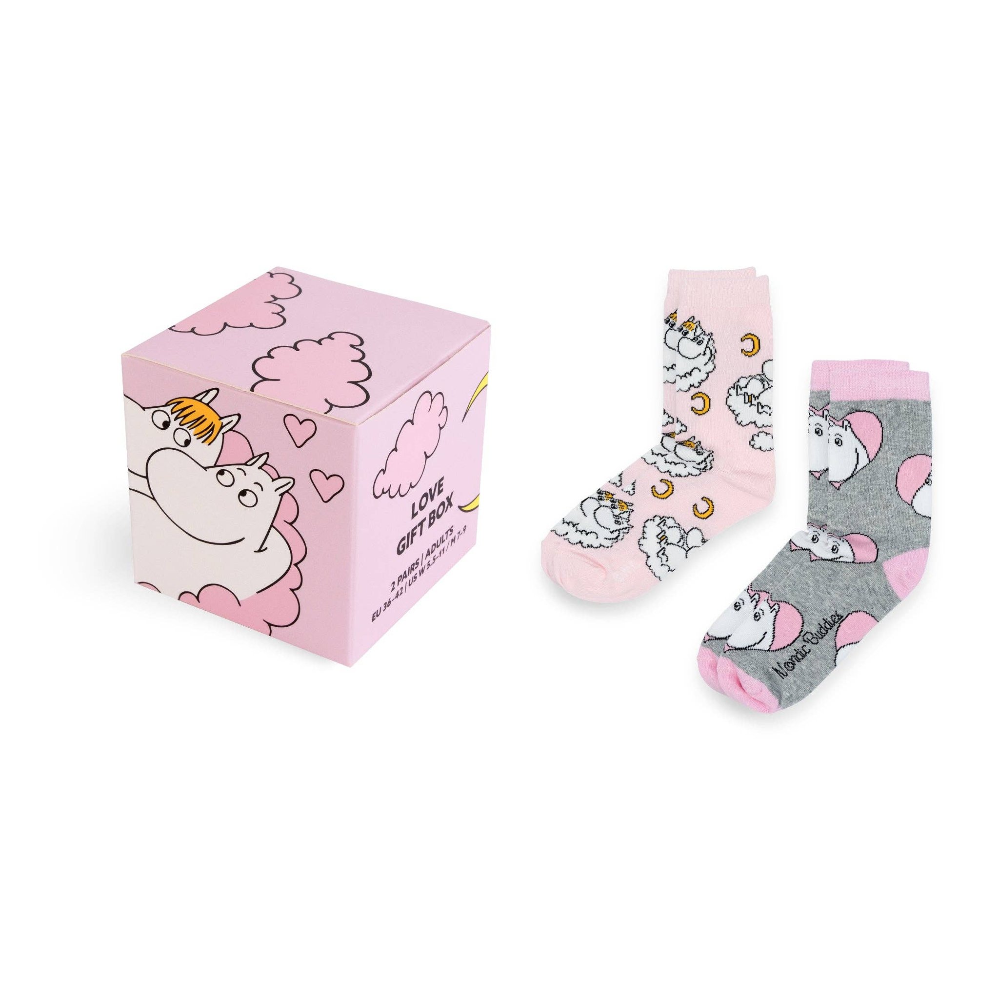 Confezione regalo calze Moomin: due paia accanto alla scatola regalo rosa
