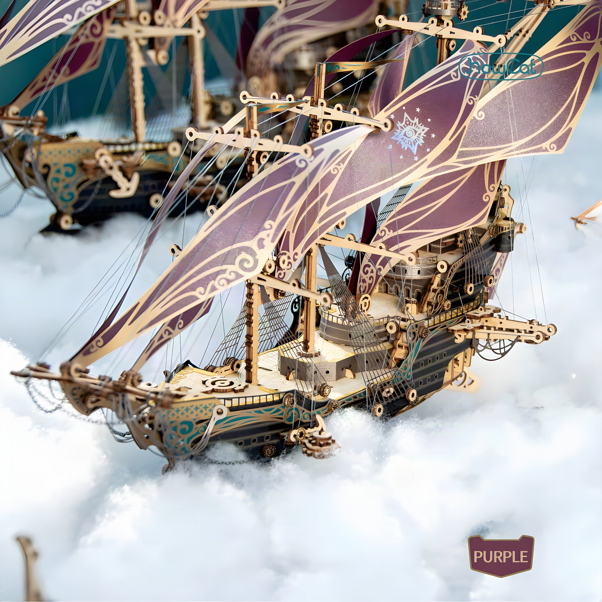 Fantasy ship with purple sails staged among white clouds