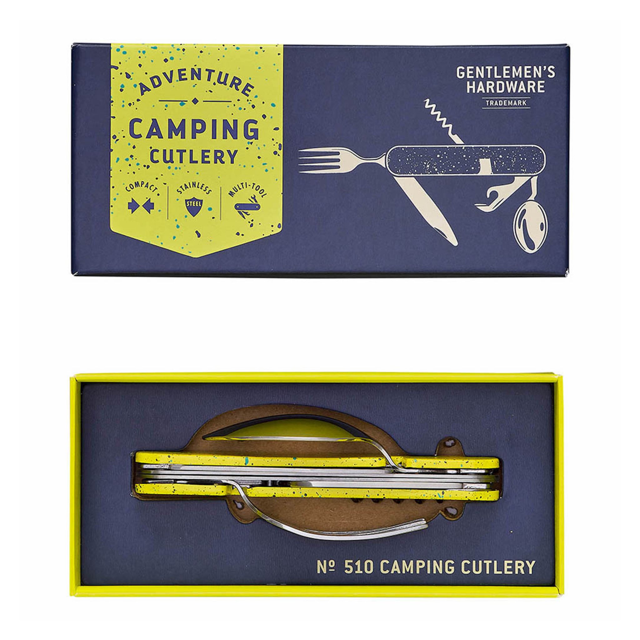Navy box for the Camping Cutlery Tool, shown closed and open with the yellow speckled tool inside