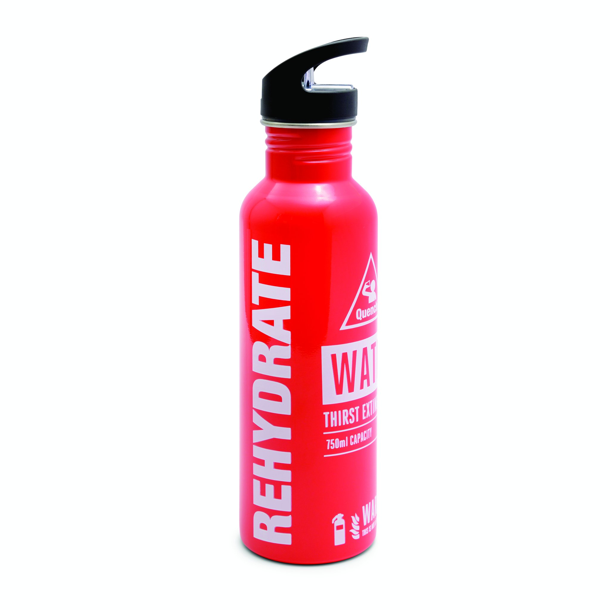Vue de côté de la bouteille à eau extincteur avec grande inscription blanche REHYDRATE