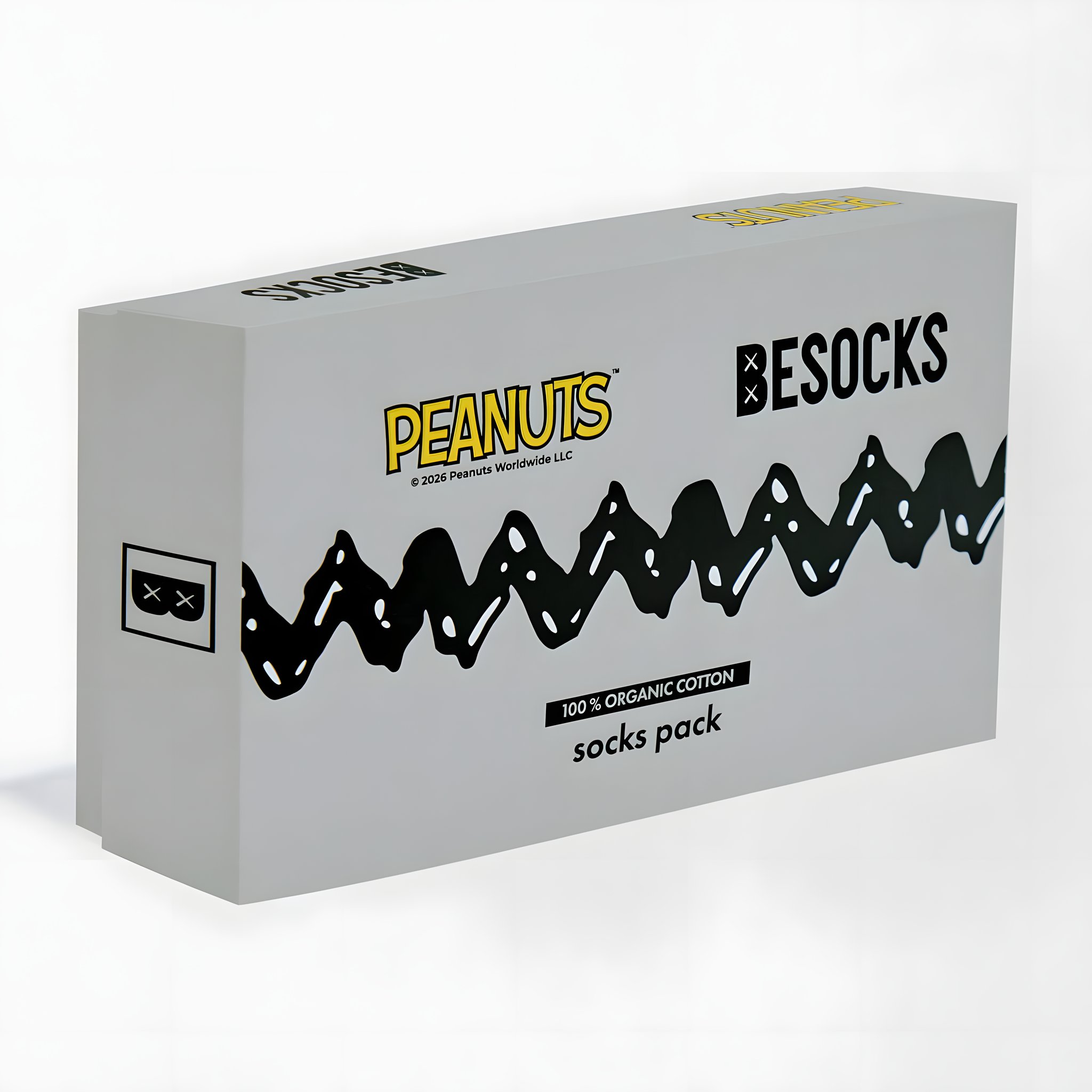 Closed grey box of the Snoopy Street socks set with Peanuts logo and zigzag stripe