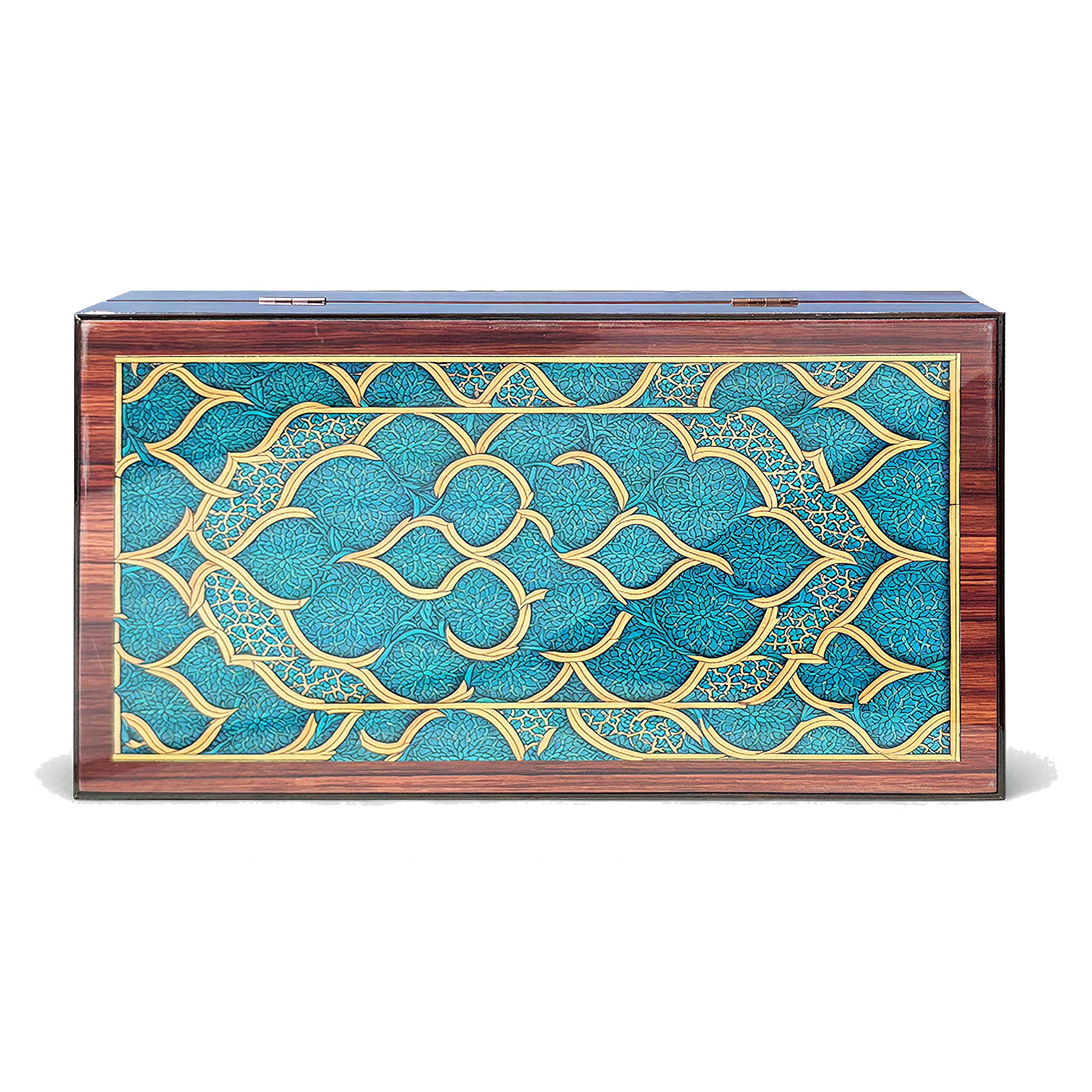 Frontansicht des geschlossenen Backgammon-Sets Oriental mit türkisem Ornament