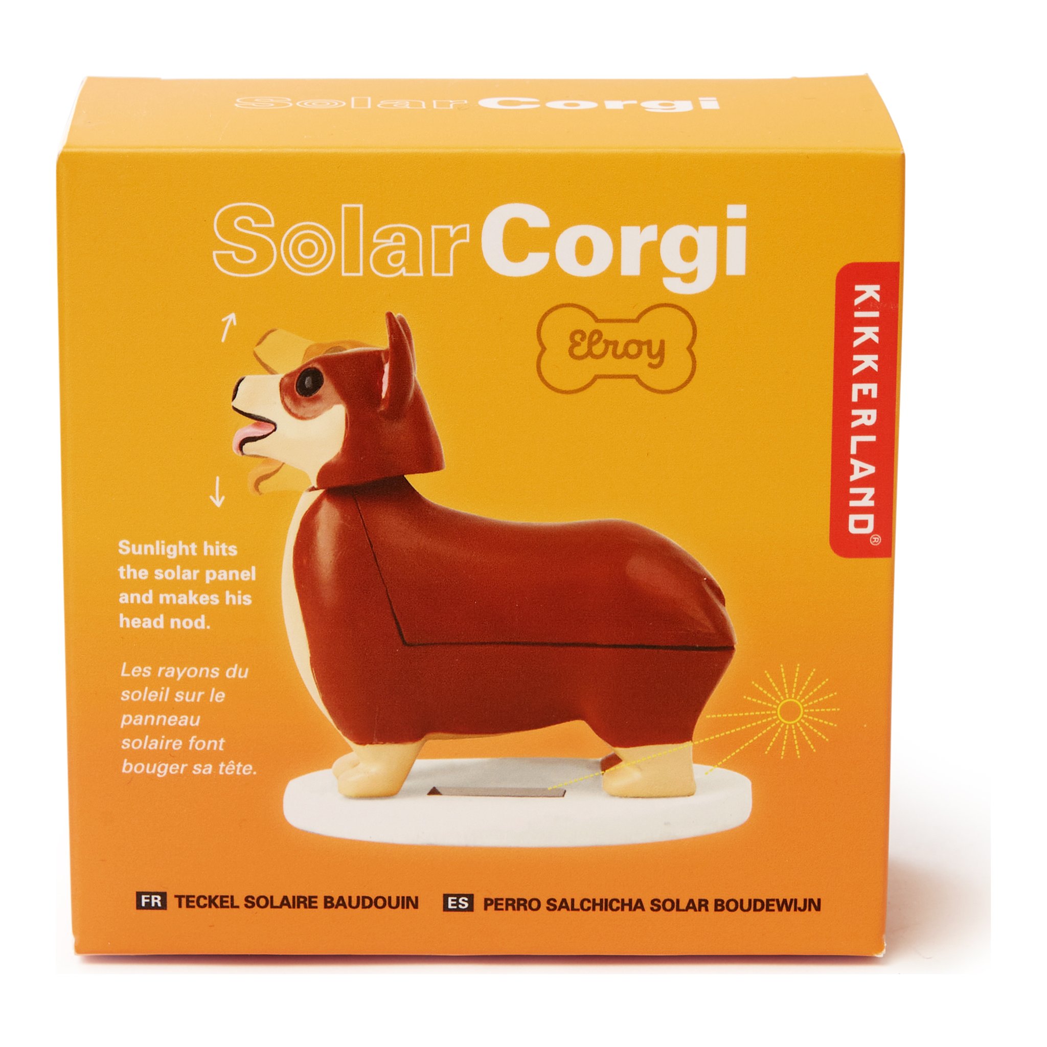 Solar corgi in the Kikkerland 'Solar Corgi Elroy' packaging