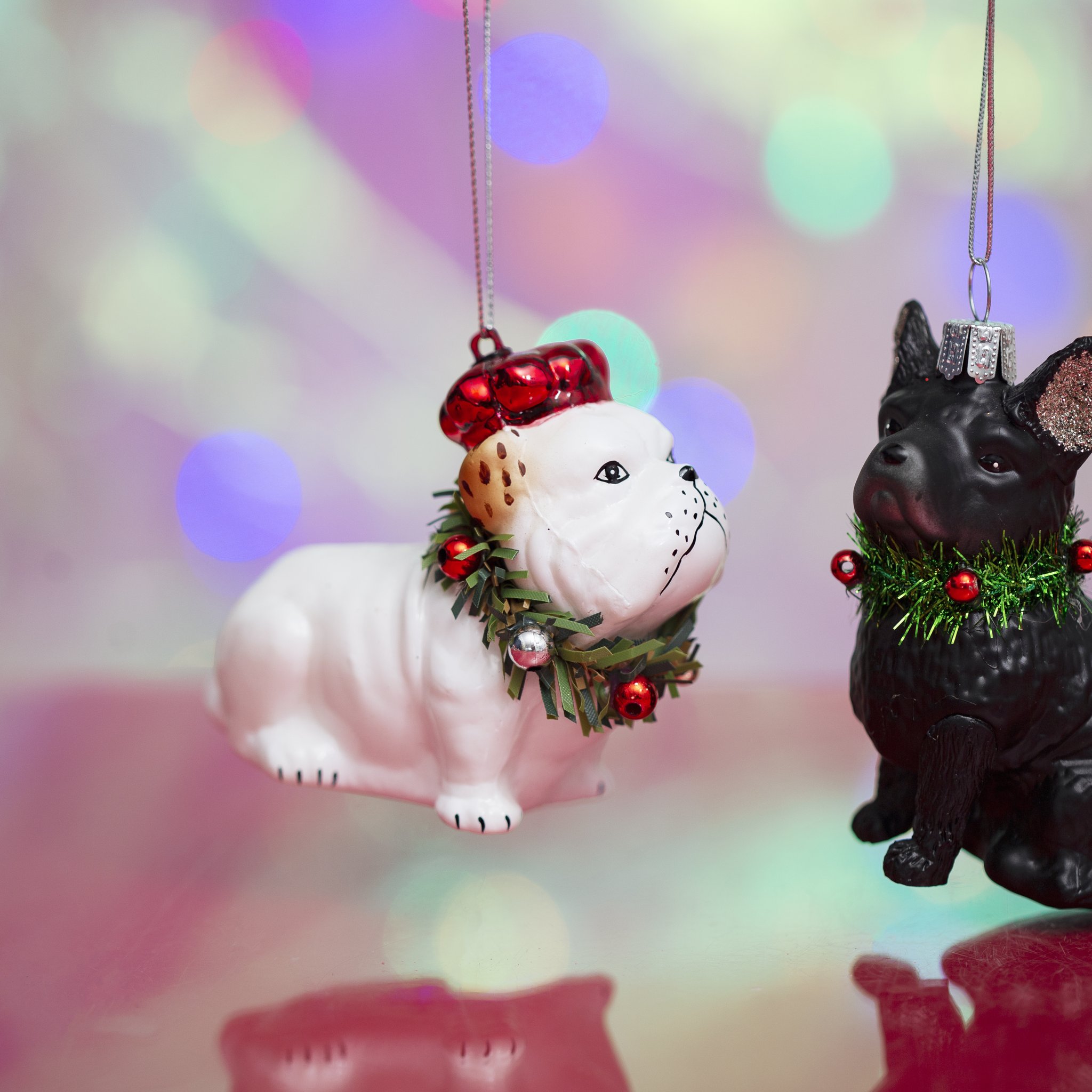 Frenchie Weihnachtsbaumschmuck neben der weissen Bulldogge mit Glitzerschleife