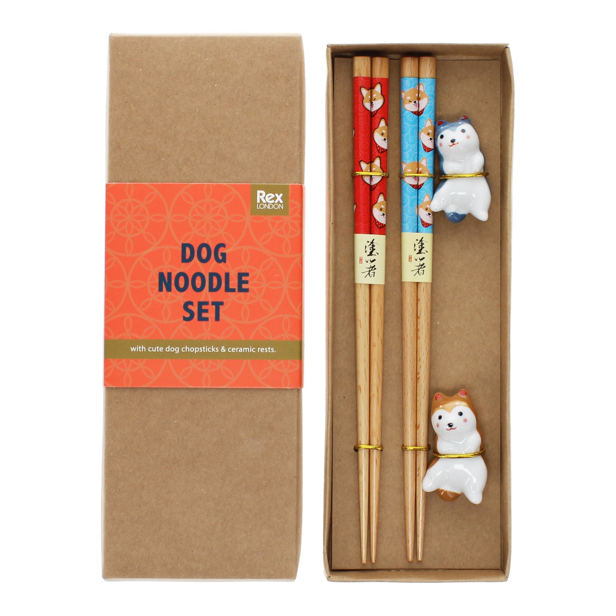 Essstäbchen-Set Hund in der offenen Kraftpapier-Box mit roter Banderole «Dog Noodle Set»