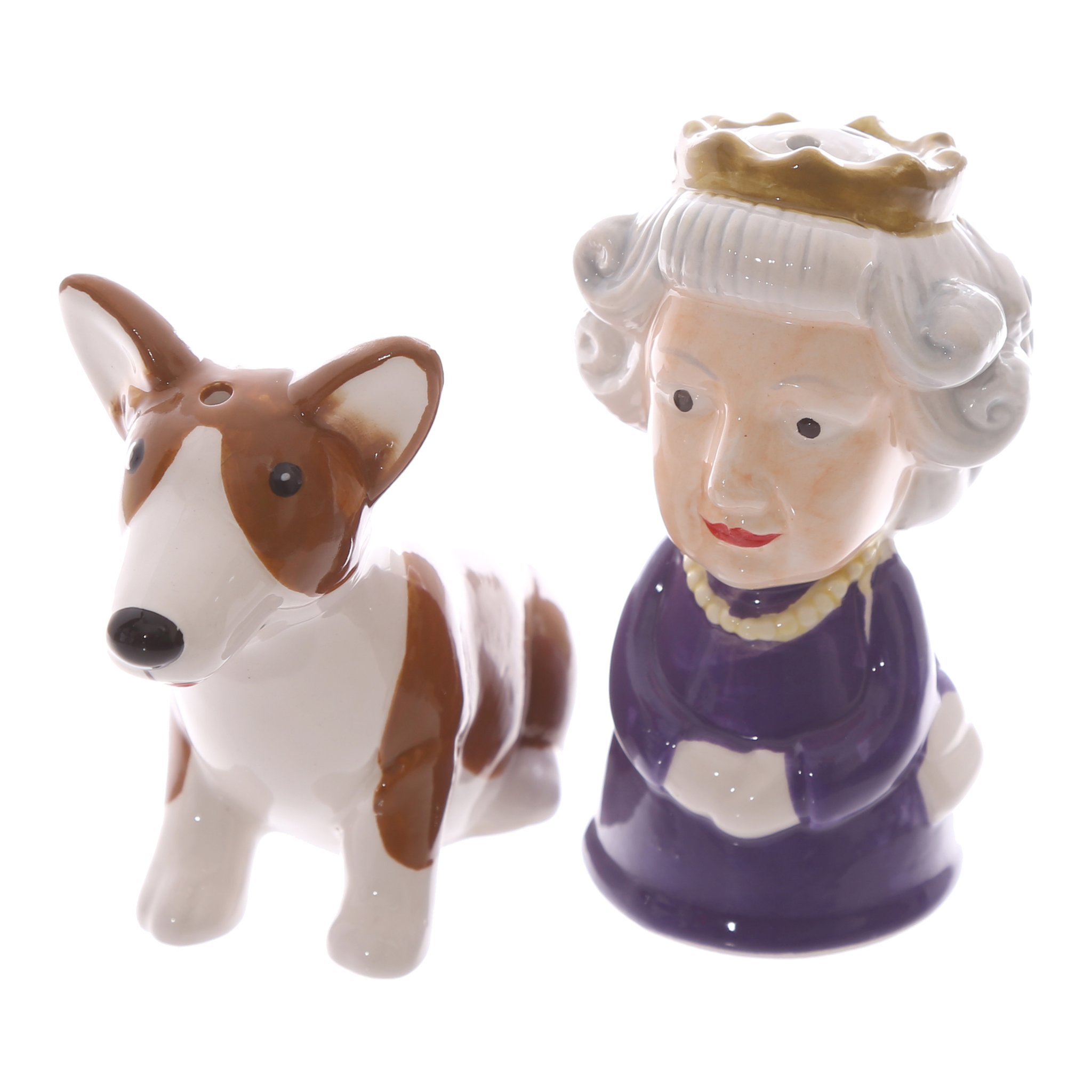 Queen und Corgi als Salz- und Pfefferstreuer nebeneinander