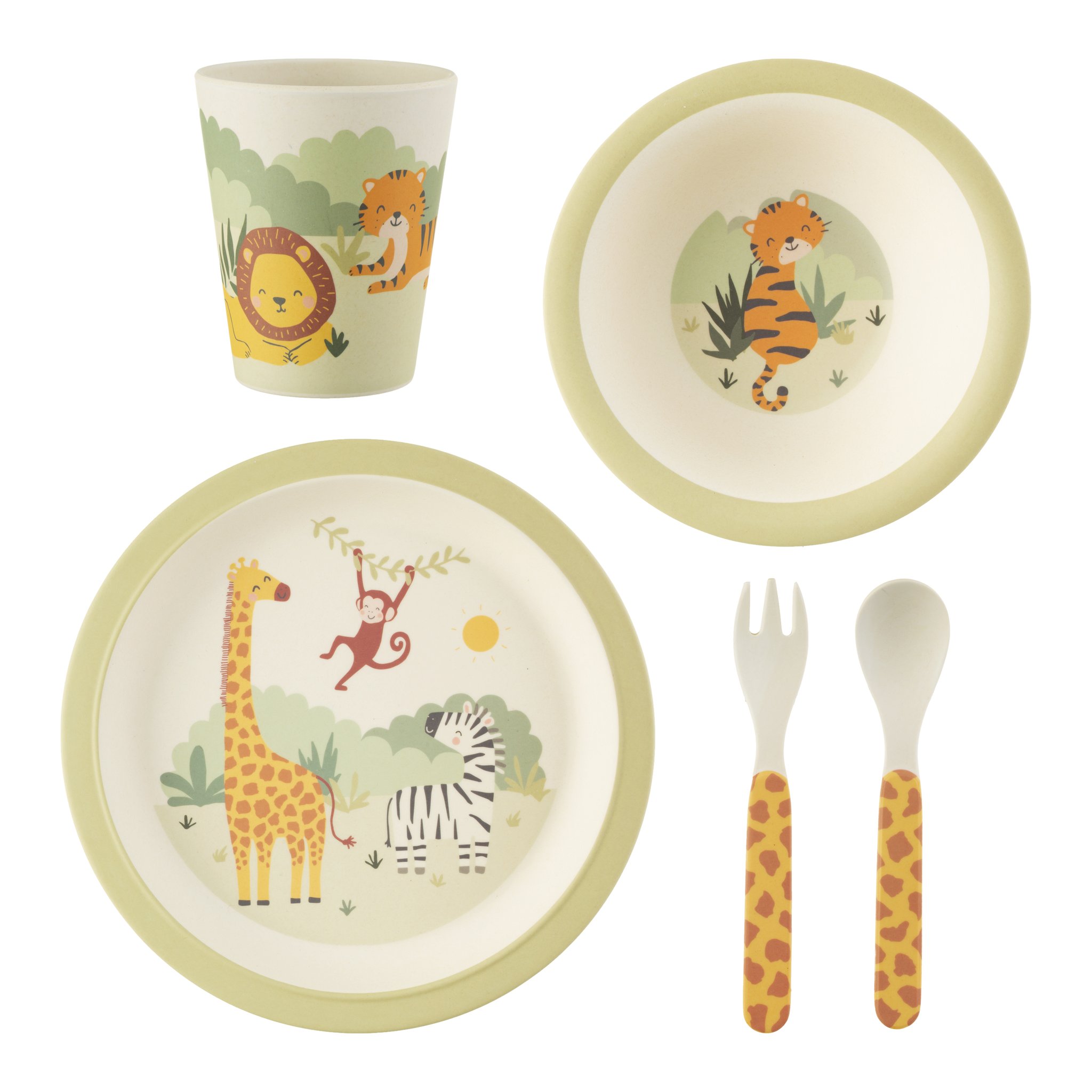 Savannah safari bamboo kids tableware by Sass & Belle, plate, bowl, cup and cutlery with safari animals, cut-out