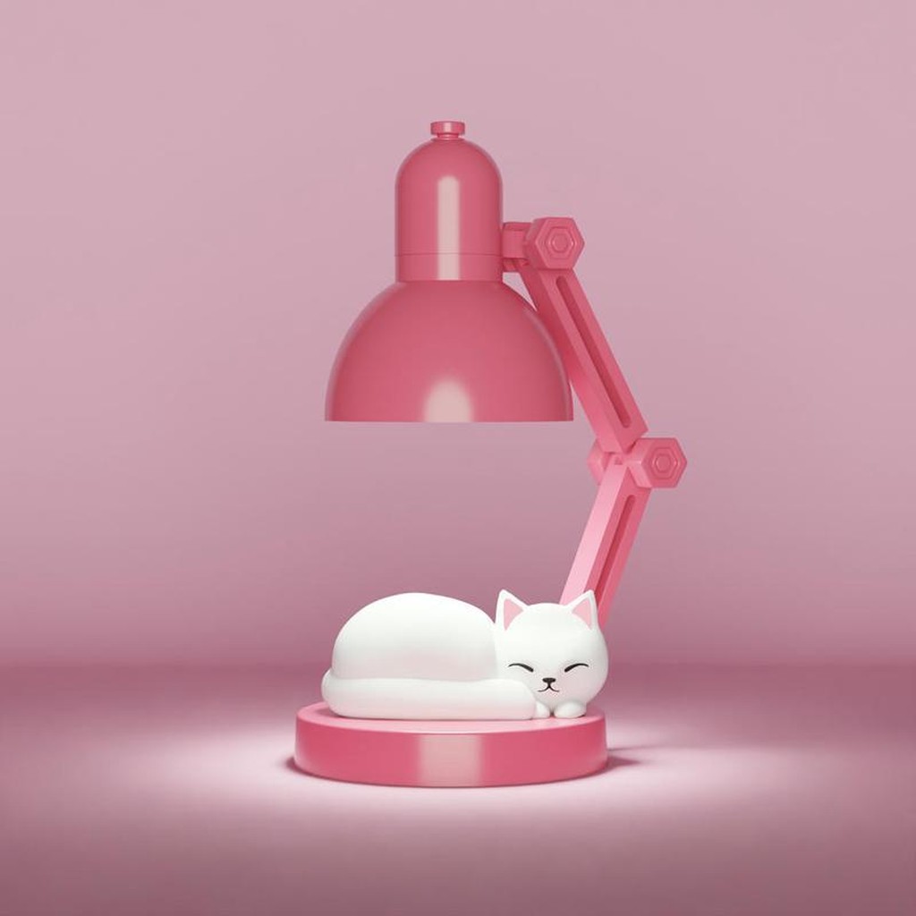 Mini Lampe in Rosa mit schlafender Katze auf dem Sockel &ndash; dekorative LED-Leuchte