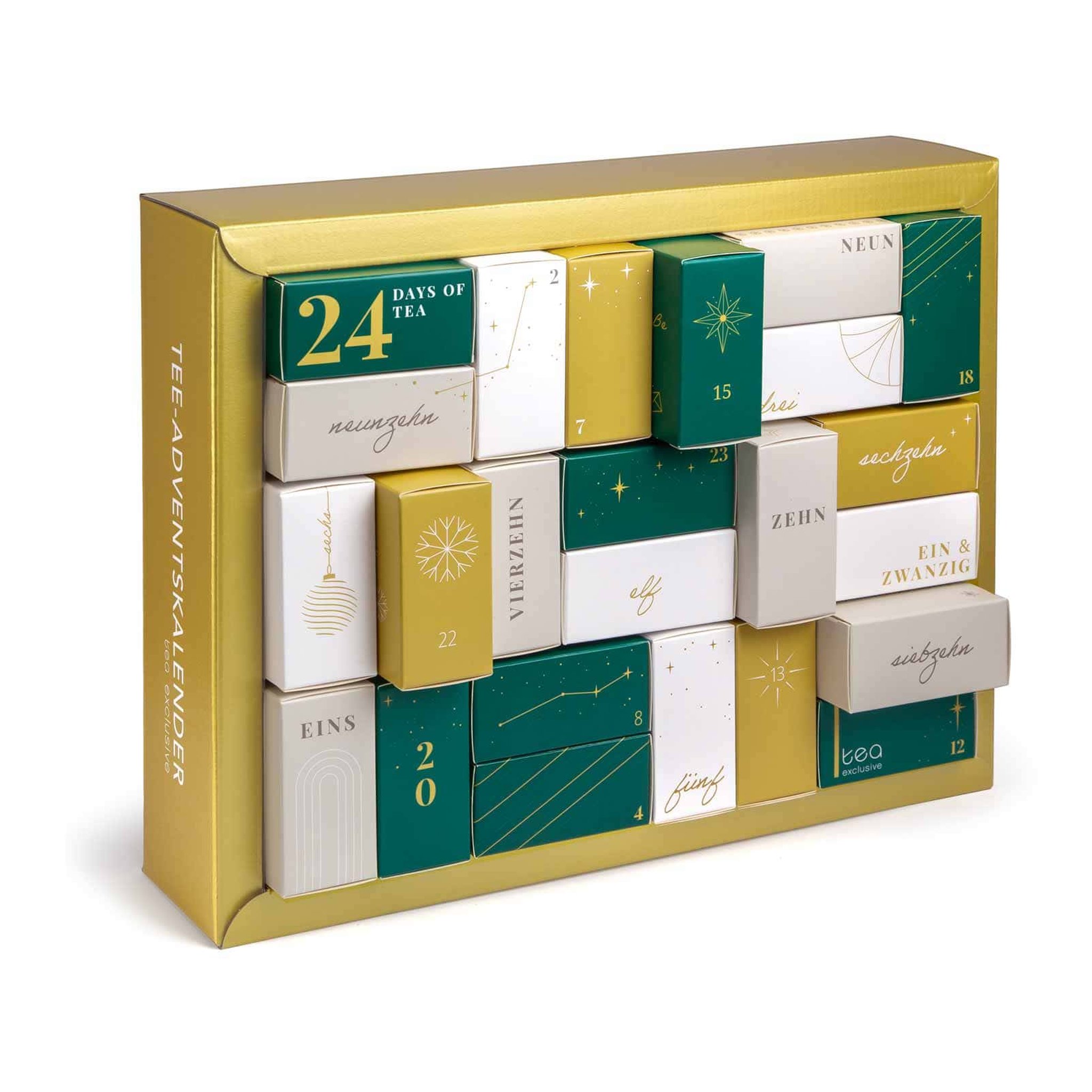 Tee-Adventskalender mit goldenem Rahmen von der Seite, einzelne Schachteln stehen leicht vor