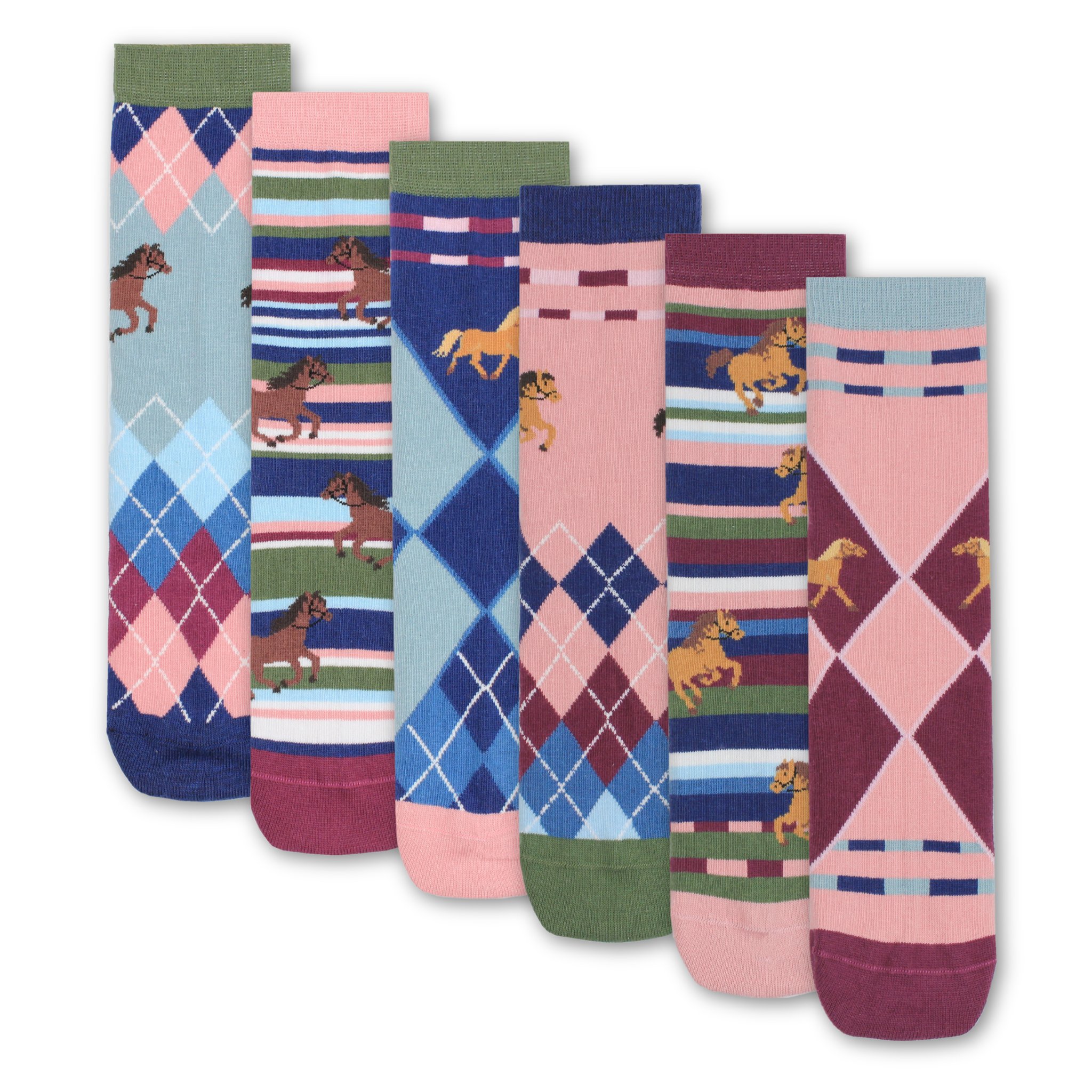 Six Saddle Up horse socks with argyle and striped patterns
