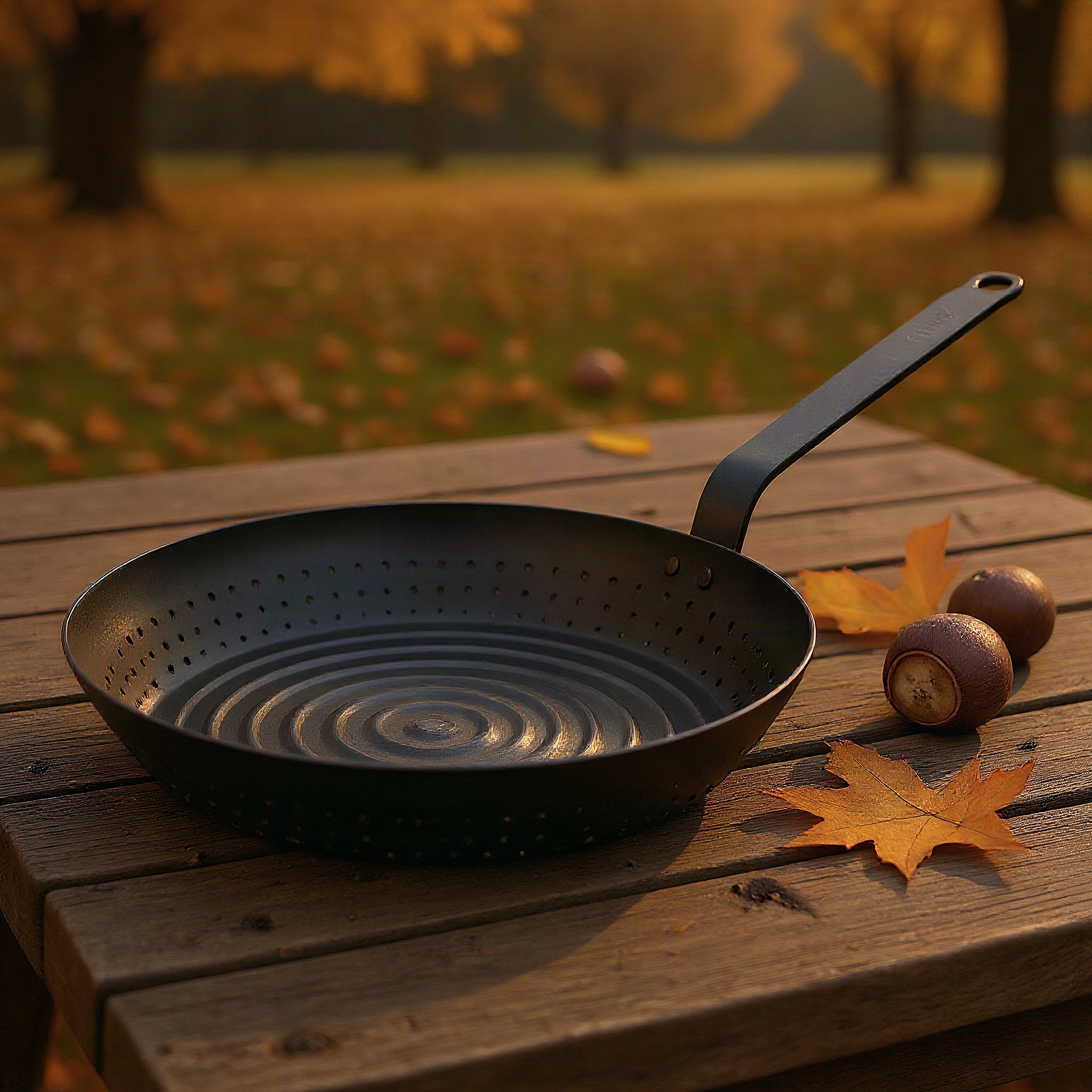 Chestnut pan on a wooden table in an autumn park, with chestnuts and fallen leaves beside it