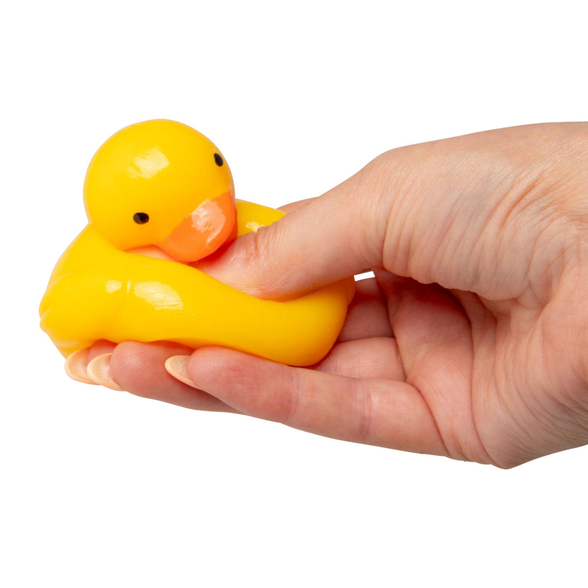 Sticky squishy duck with blue bubble dots, foam pompoms and mini duck