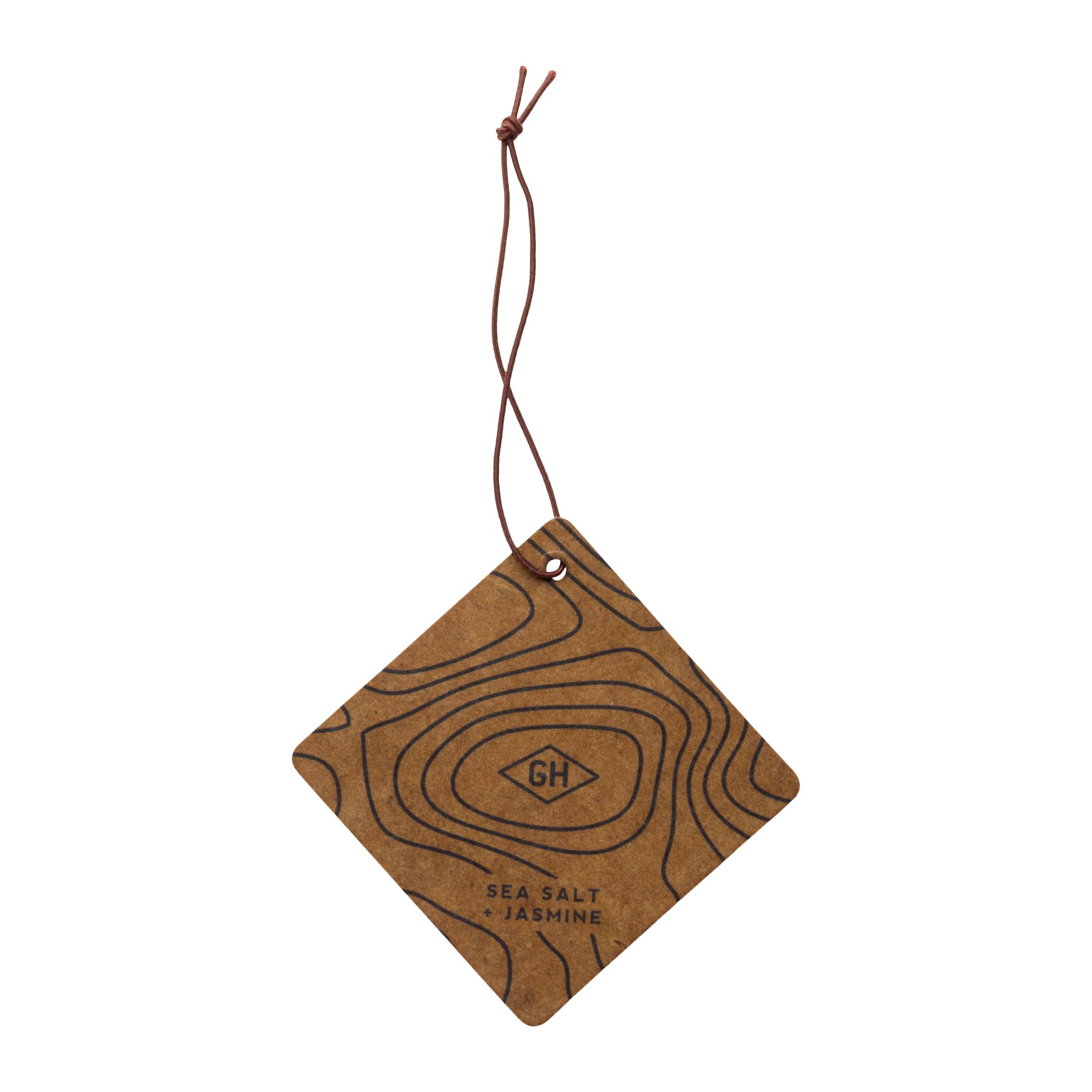 Brown diamond-shaped tag from the air freshener set with contour-line pattern, GH logo and the text Sea Salt + Jasmine