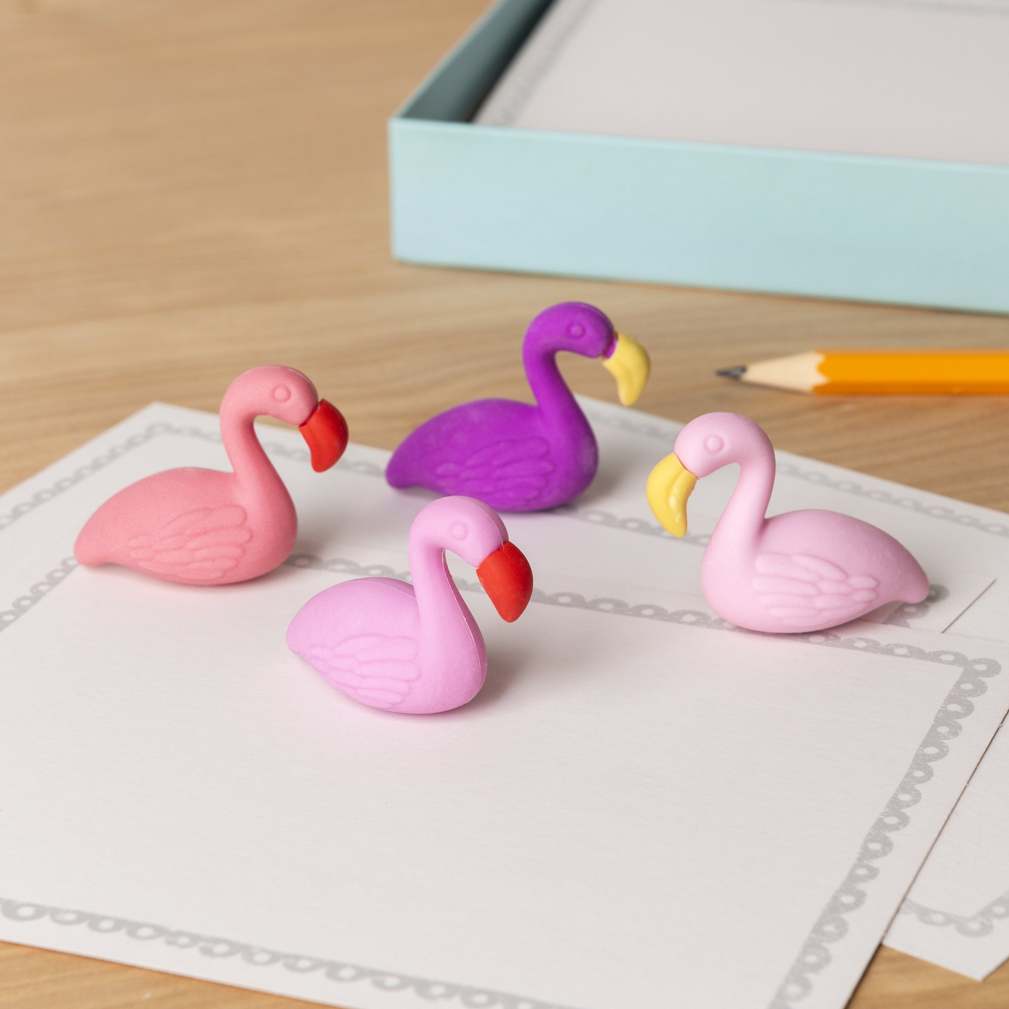 Embouts gommes flamants rose, violet et fuchsia sur une feuille, boîte derrière
