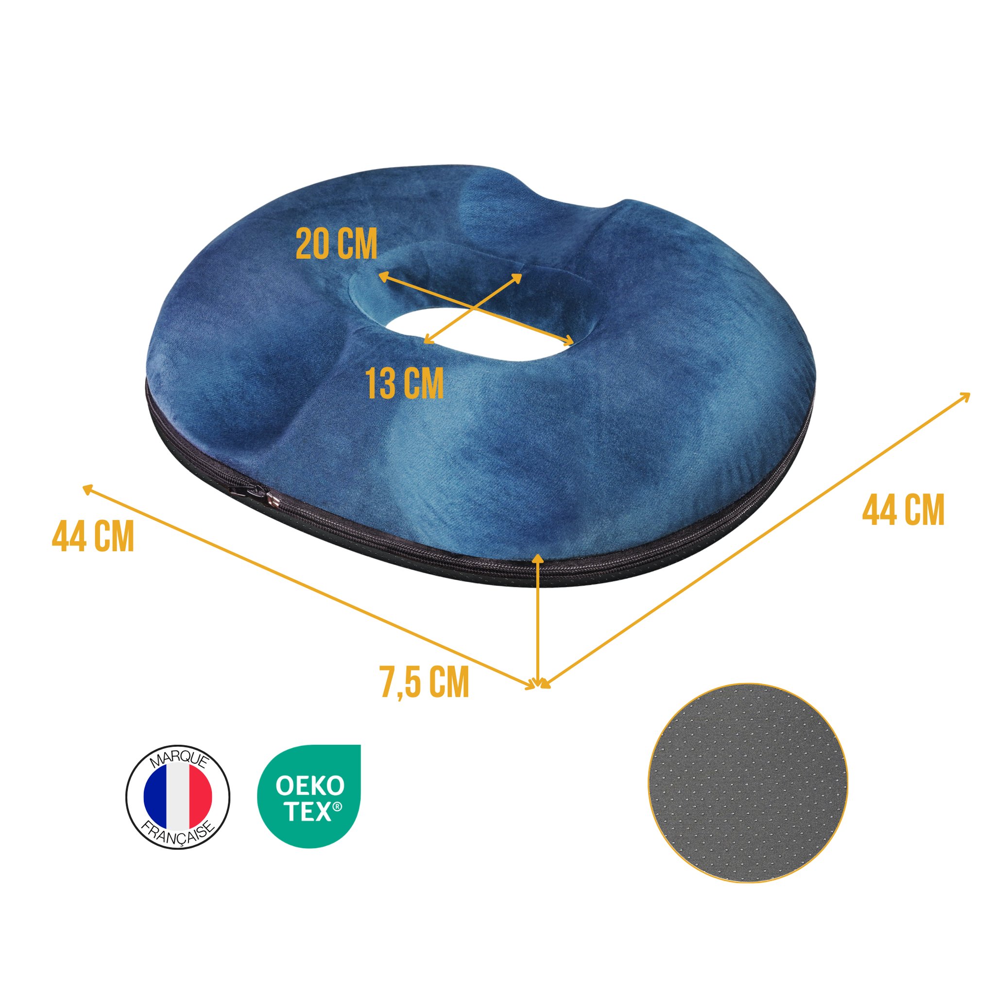 Donut-Sitzkissen Massangaben Ø 44 × 7,5 cm, Aussparung 20 × 13 cm