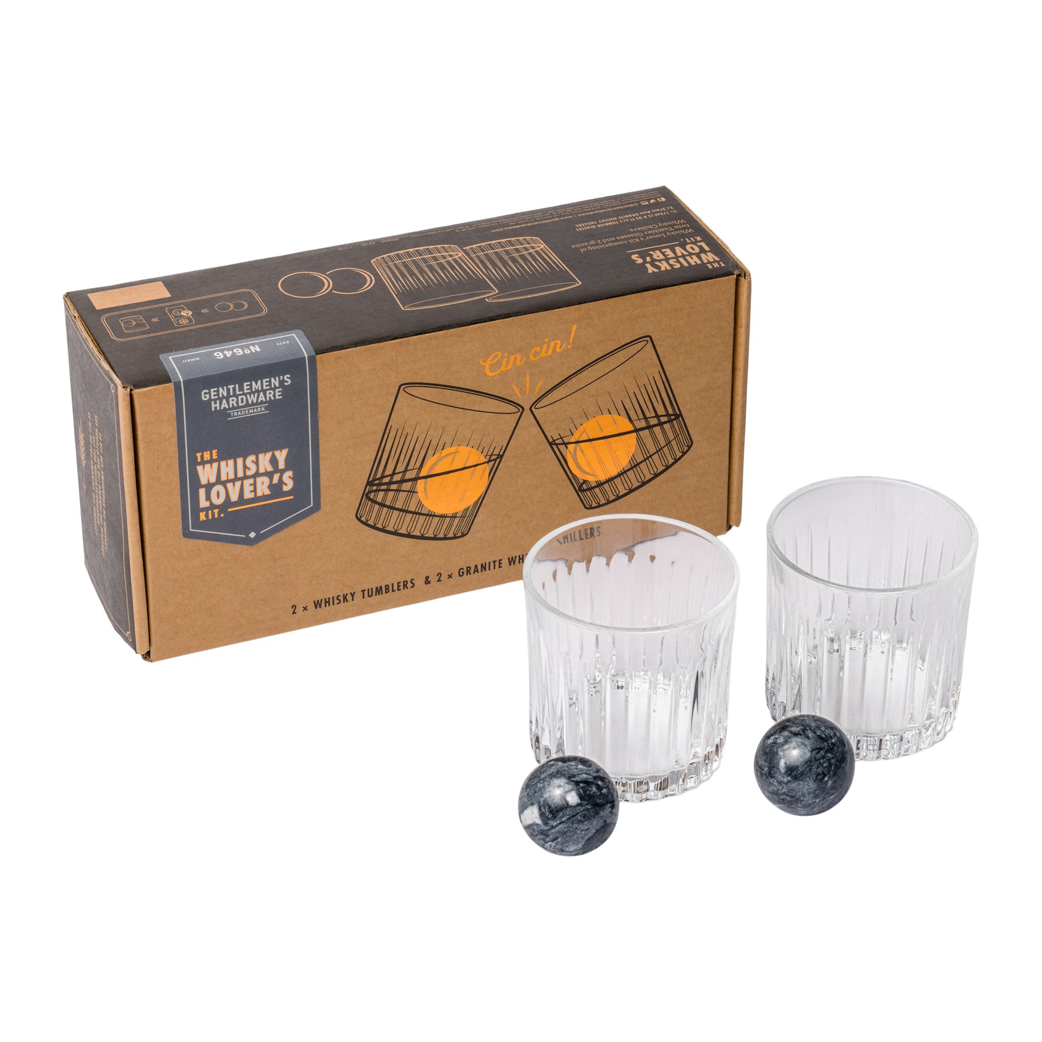 Schachtel des Whiskey Lover's Set, davor zwei geriffelte Whisky-Gläser und zwei dunkle Kühlkugeln aus Granit