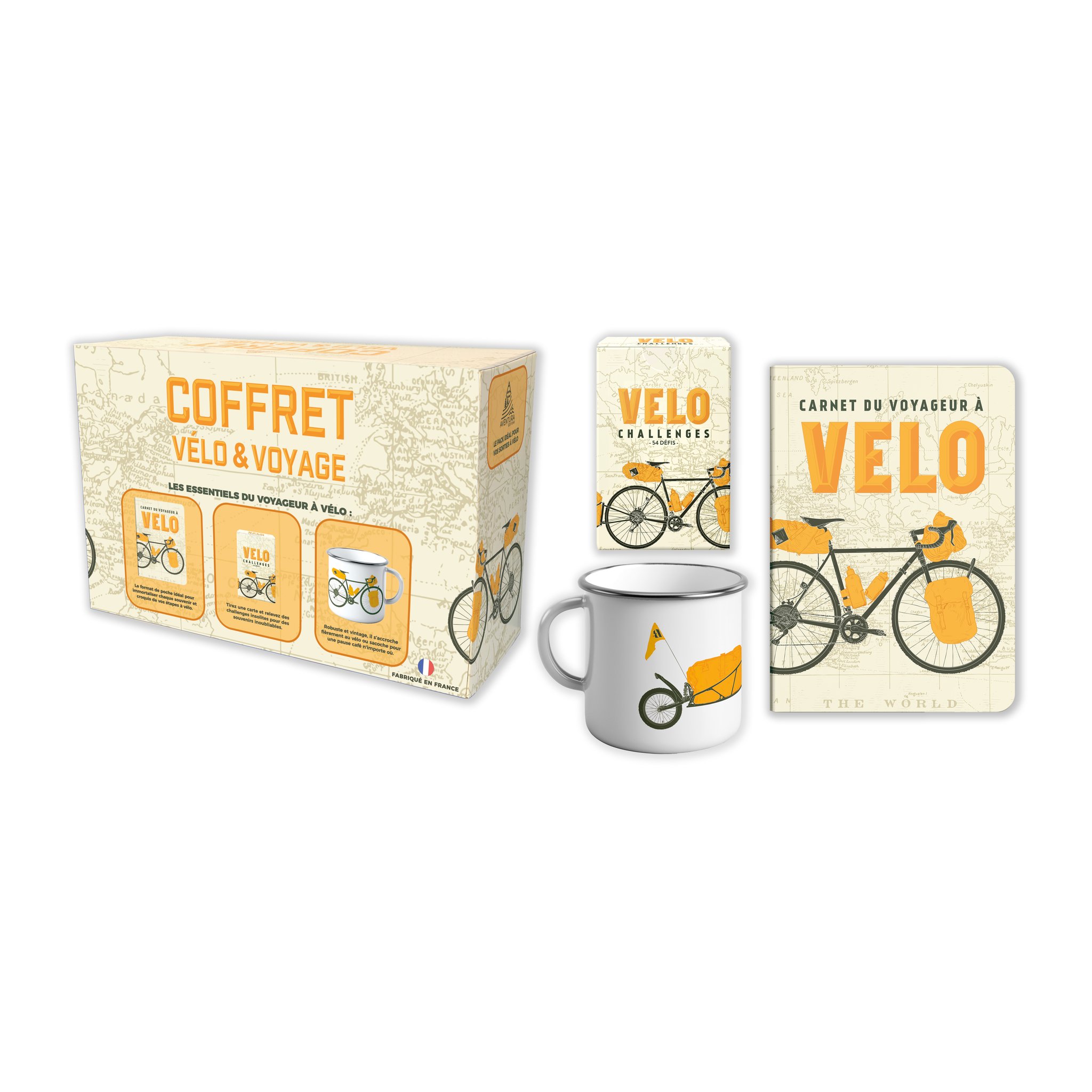 Confezione bici con diario di viaggio, gioco di carte e tazza smaltata