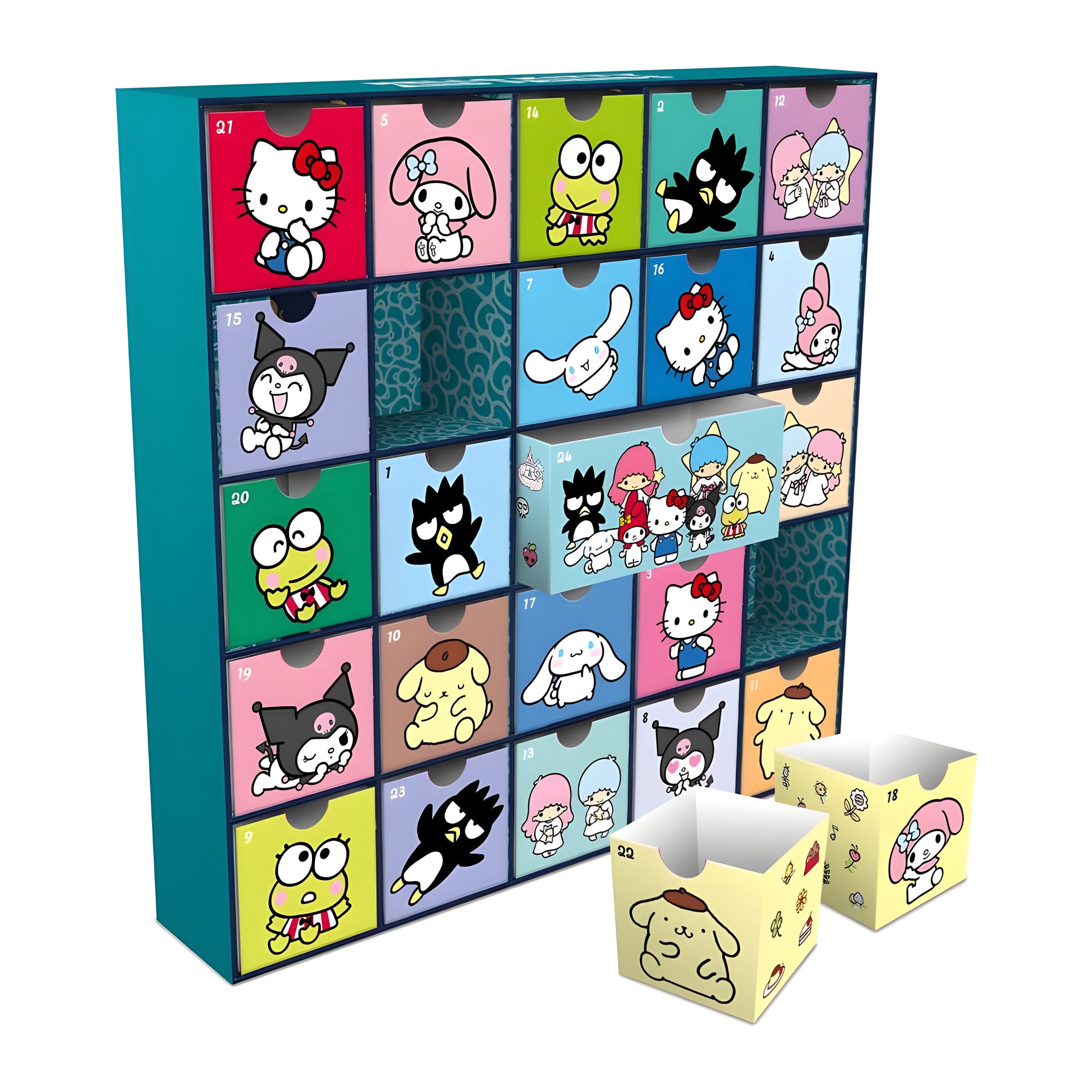 Hello Kitty Adventskalender mit 24 Schubladen und Sanrio-Figuren, zwei Schubladen herausgenommen