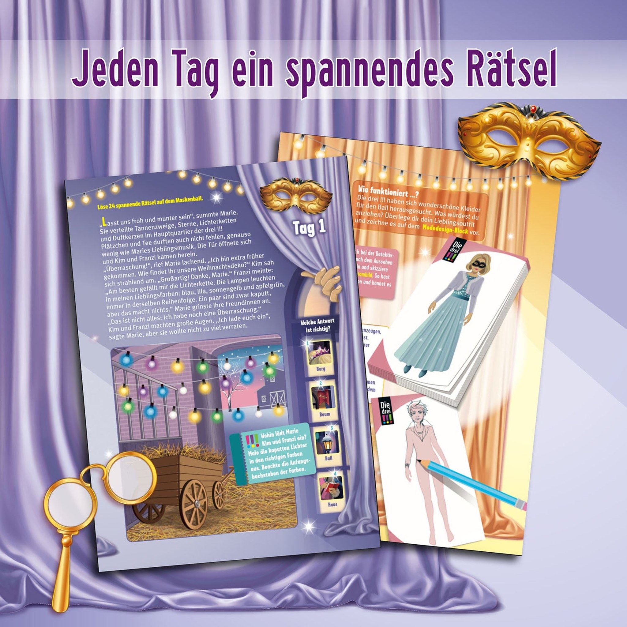 Rätselseiten aus dem Die drei !!! Adventskalender mit Tag 1 und einem Modedesign-Block für Ballkleider