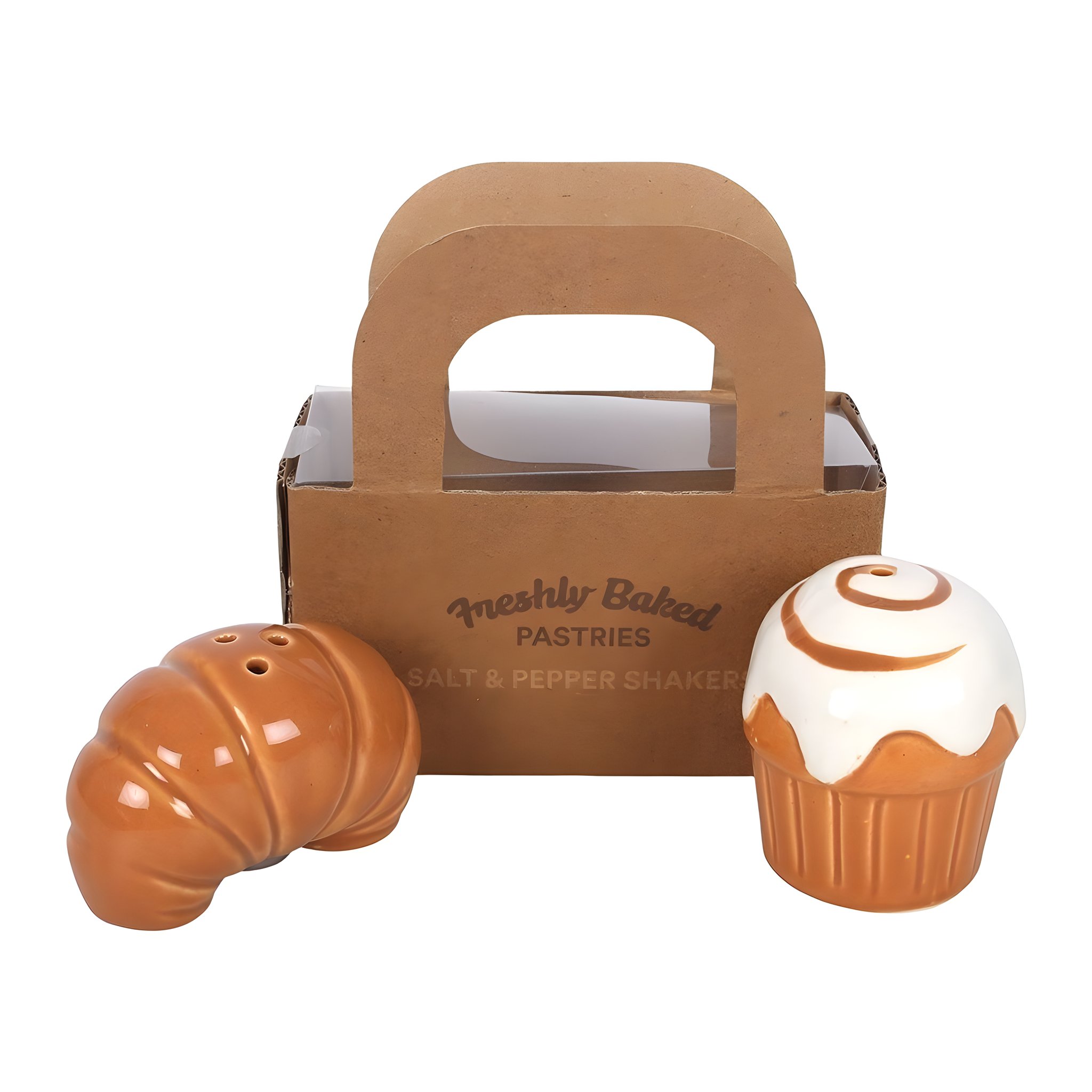 Salière et poivrière croissant et viennoiserie glacée devant la boîte de boulangerie