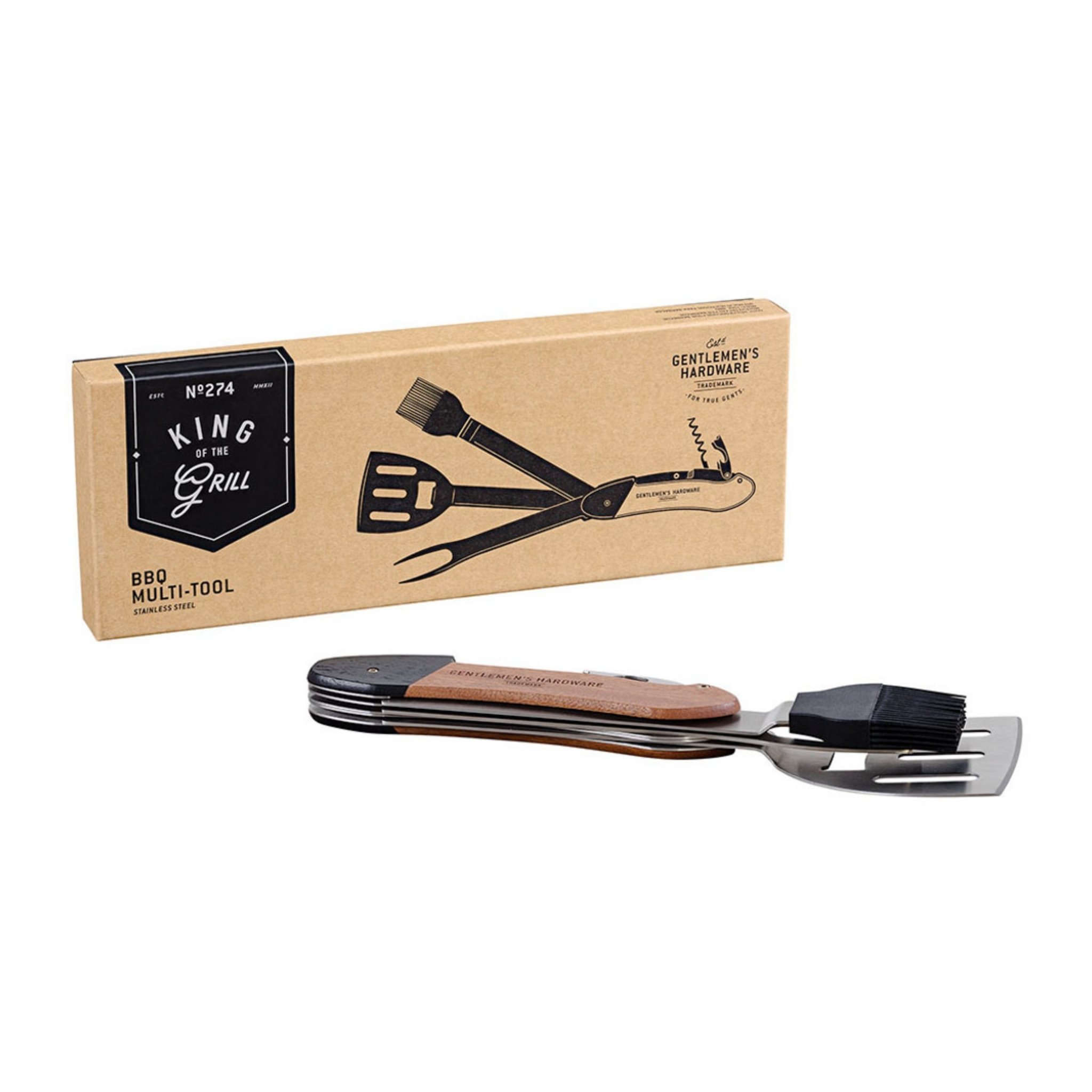 Angled King of the Grill box with the folded BBQ Multi Tool lying in front of it against a white background