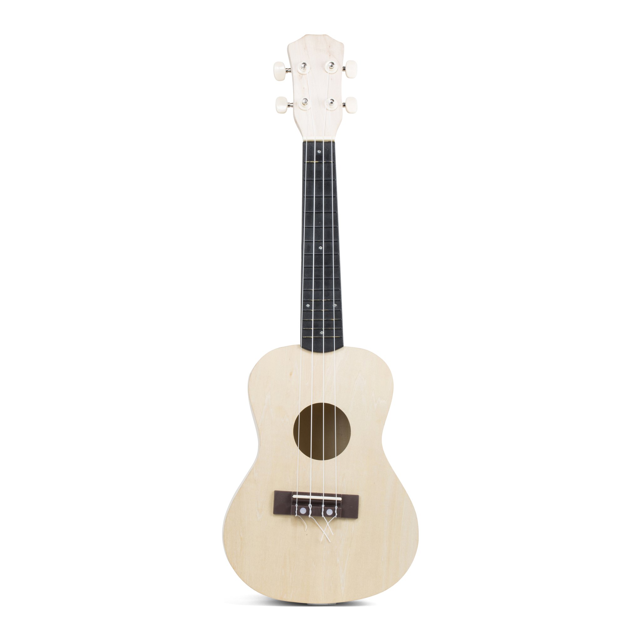 Fertig zusammengebaute Ukulele aus hellem Holz