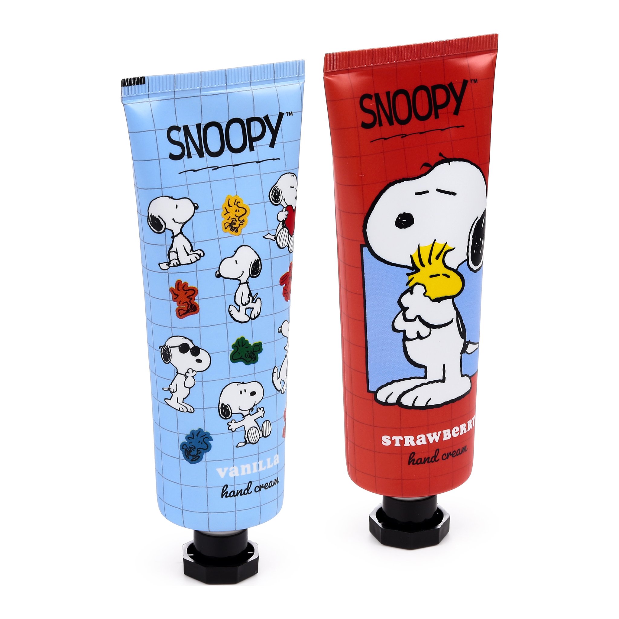 Deux tubes de creme pour les mains Snoopy, bleu et rouge
