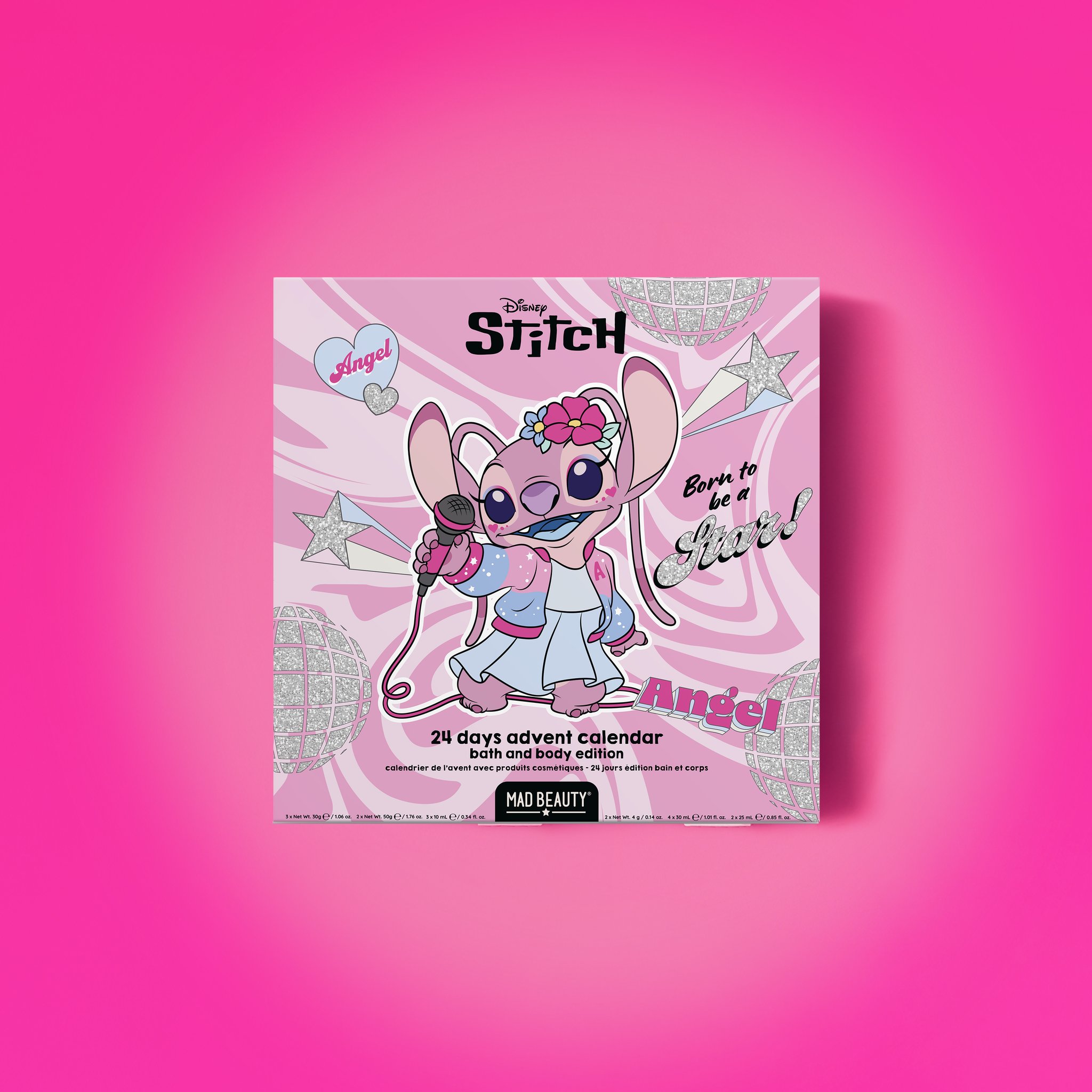 Stitch Angel Popstar Adventskalender: Kalenderbox mit Angel am Mikrofon vor kräftigem Pink