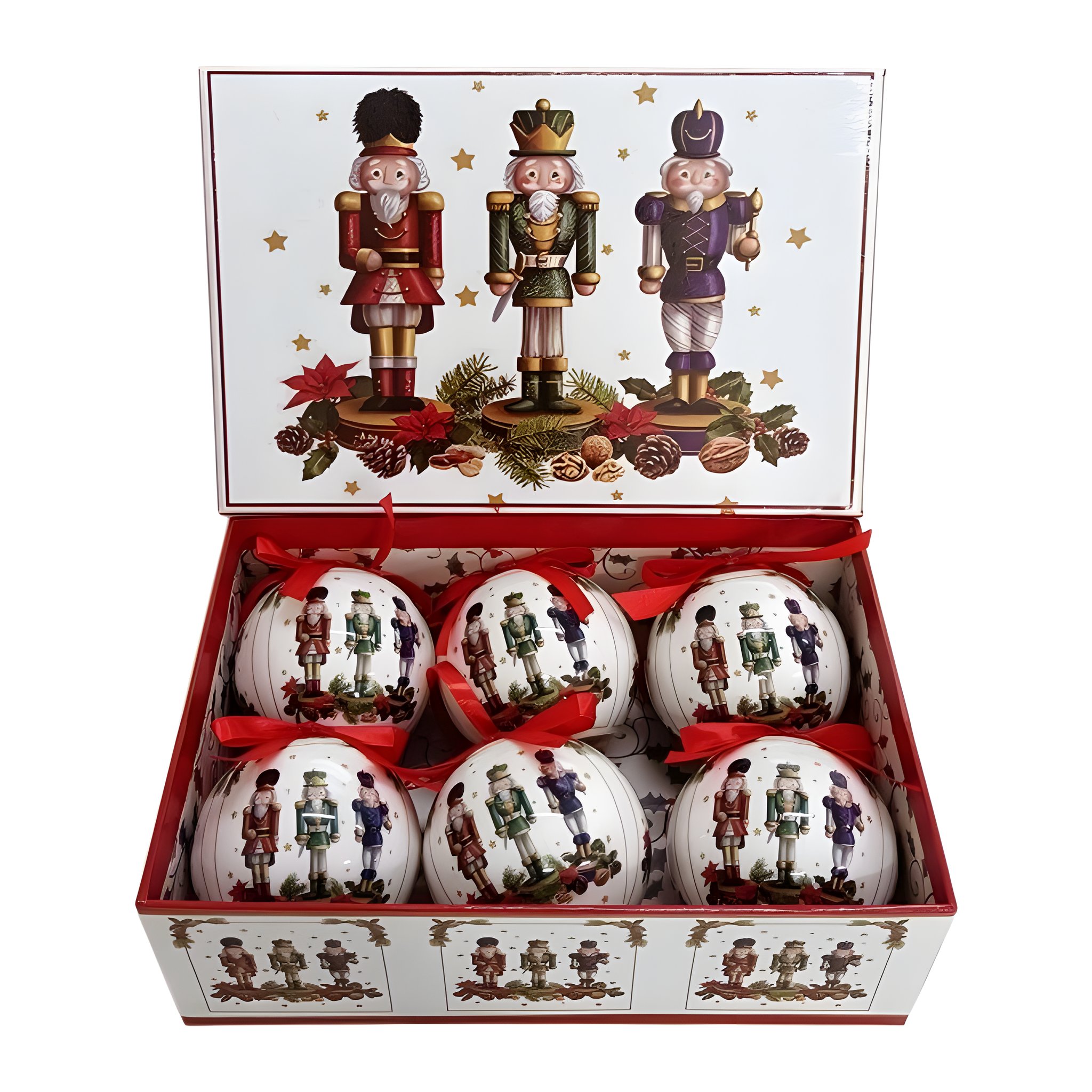 Six boules de Noël casse-noisette avec rubans rouges dans la boîte cadeau ouverte
