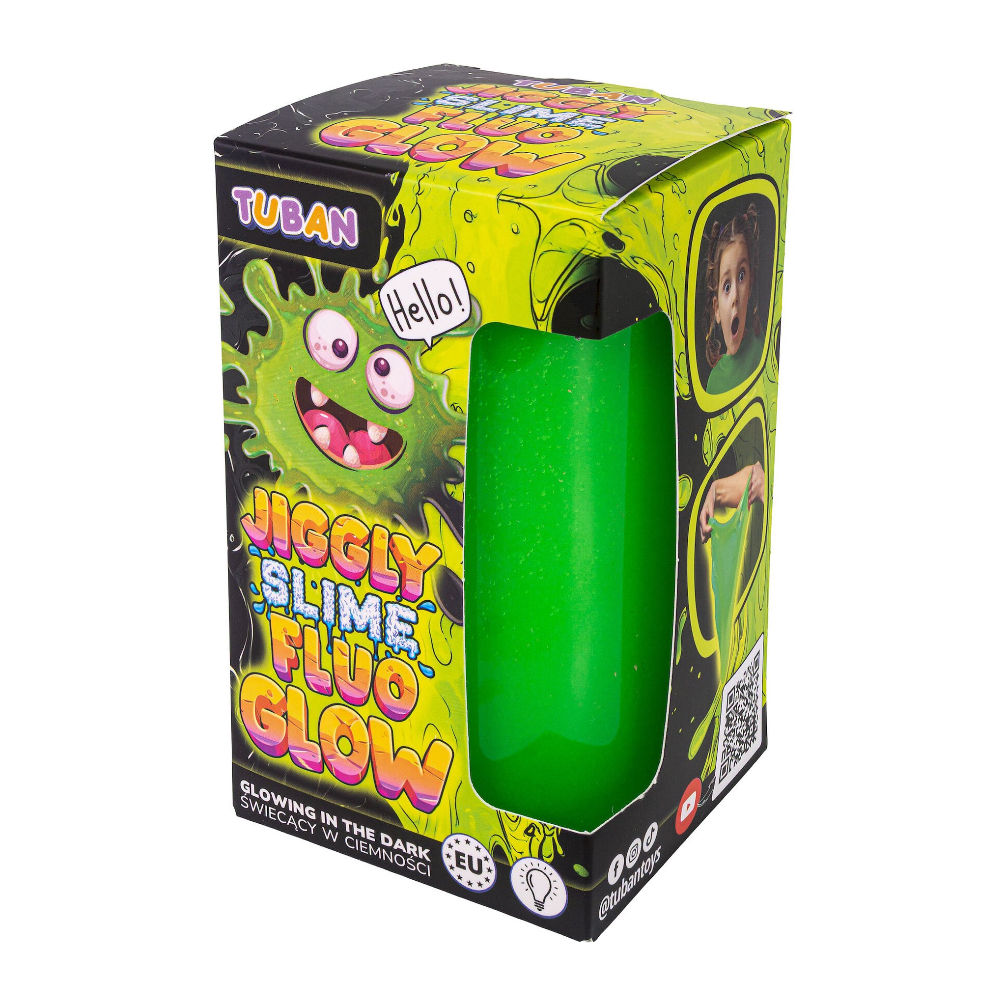 Jiggly Slime Fluo Glow in Grün in der Verpackung mit Sichtfenster auf die Slime-Dose