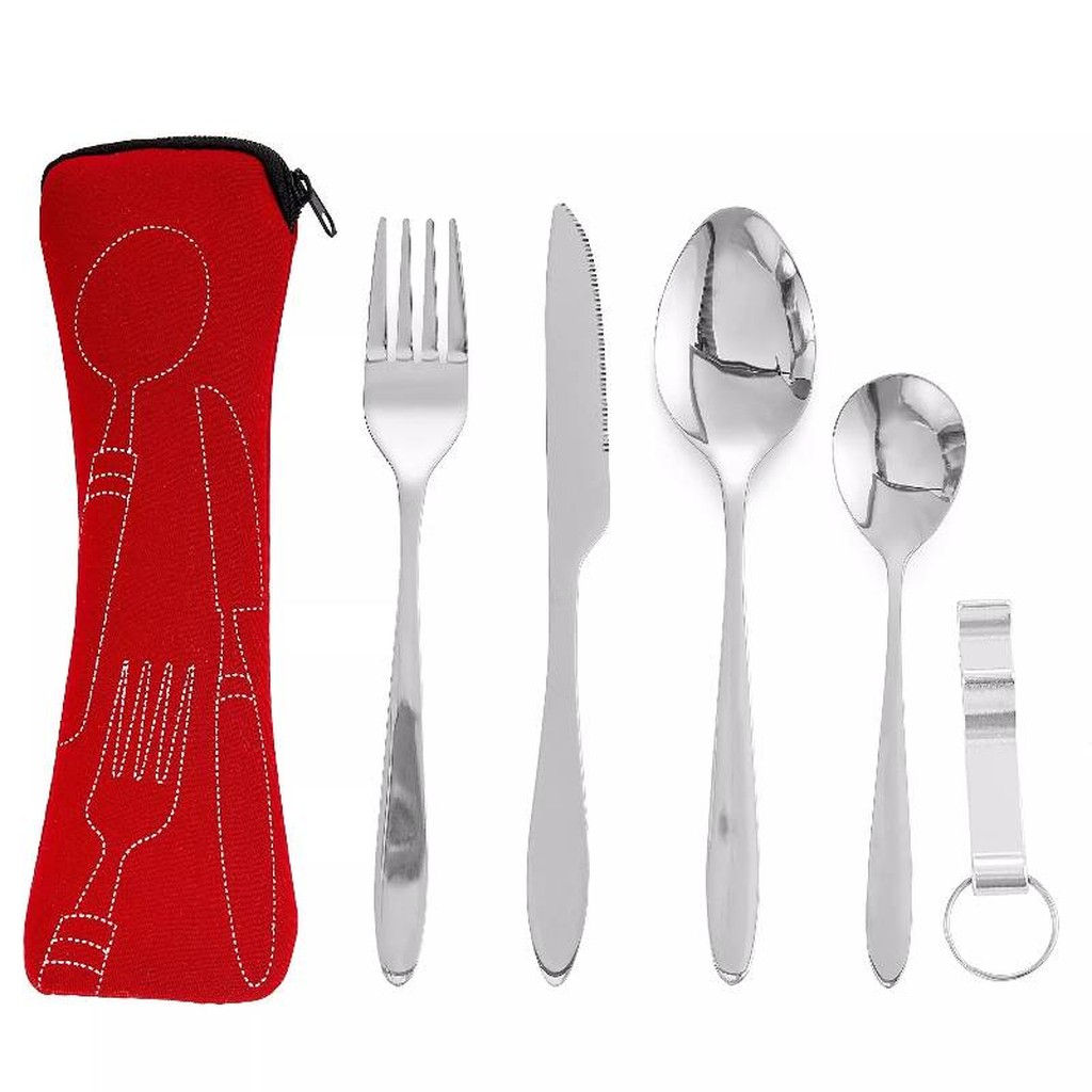 5-teiliges tragbares Besteckset mit rotem Etui