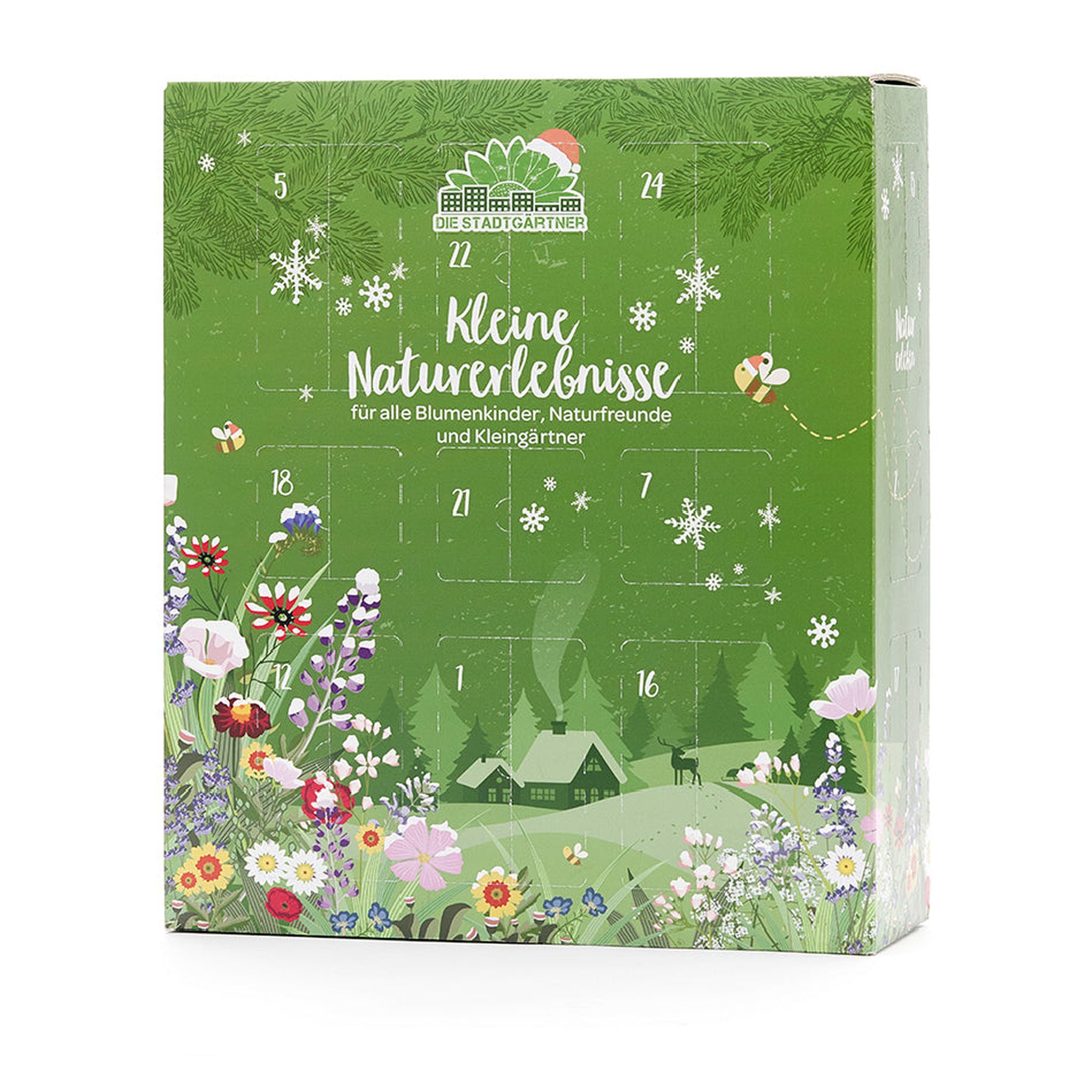 Grüne Kalenderbox mit Wildblumenwiese, Bienen und Schneeflocken, schräg von vorn auf weissem Grund