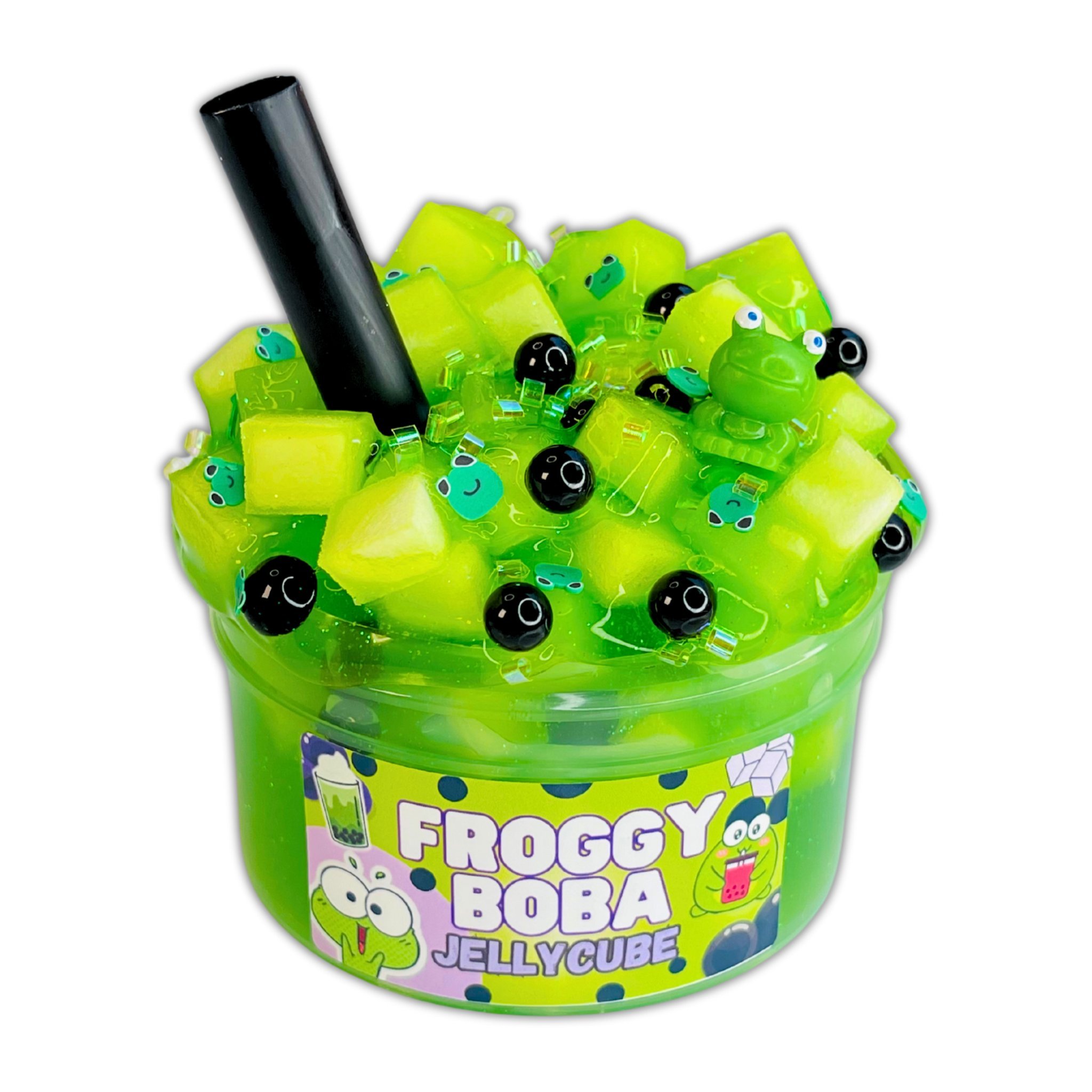 Grüner Jelly-Cube-Slime mit Boba-Charms, Strohhalm und Frosch-Charm in der Dose