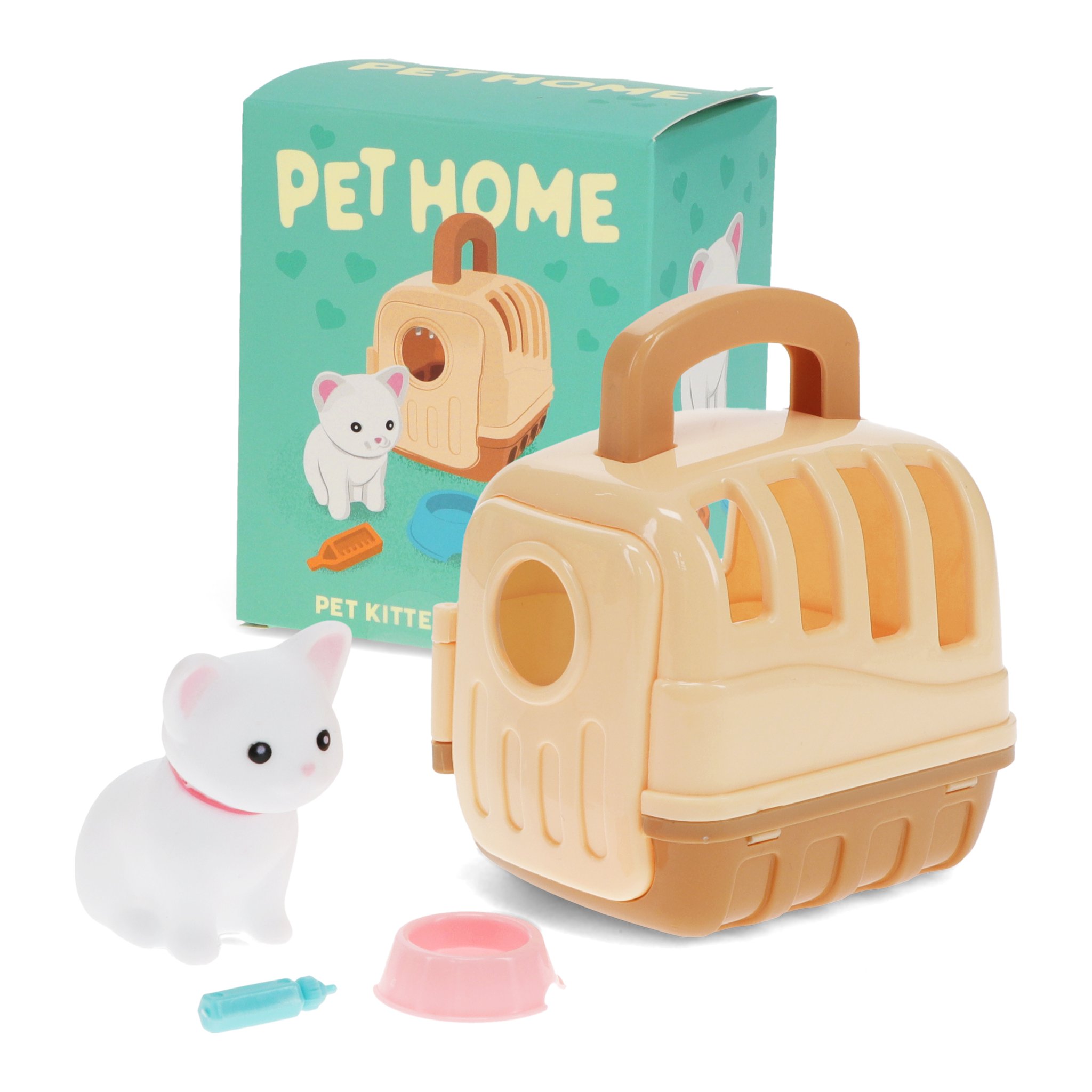 Spielset Katze vor der Verpackung «Pet Home»: Kätzchen, Transportbox, Napf und Fläschchen