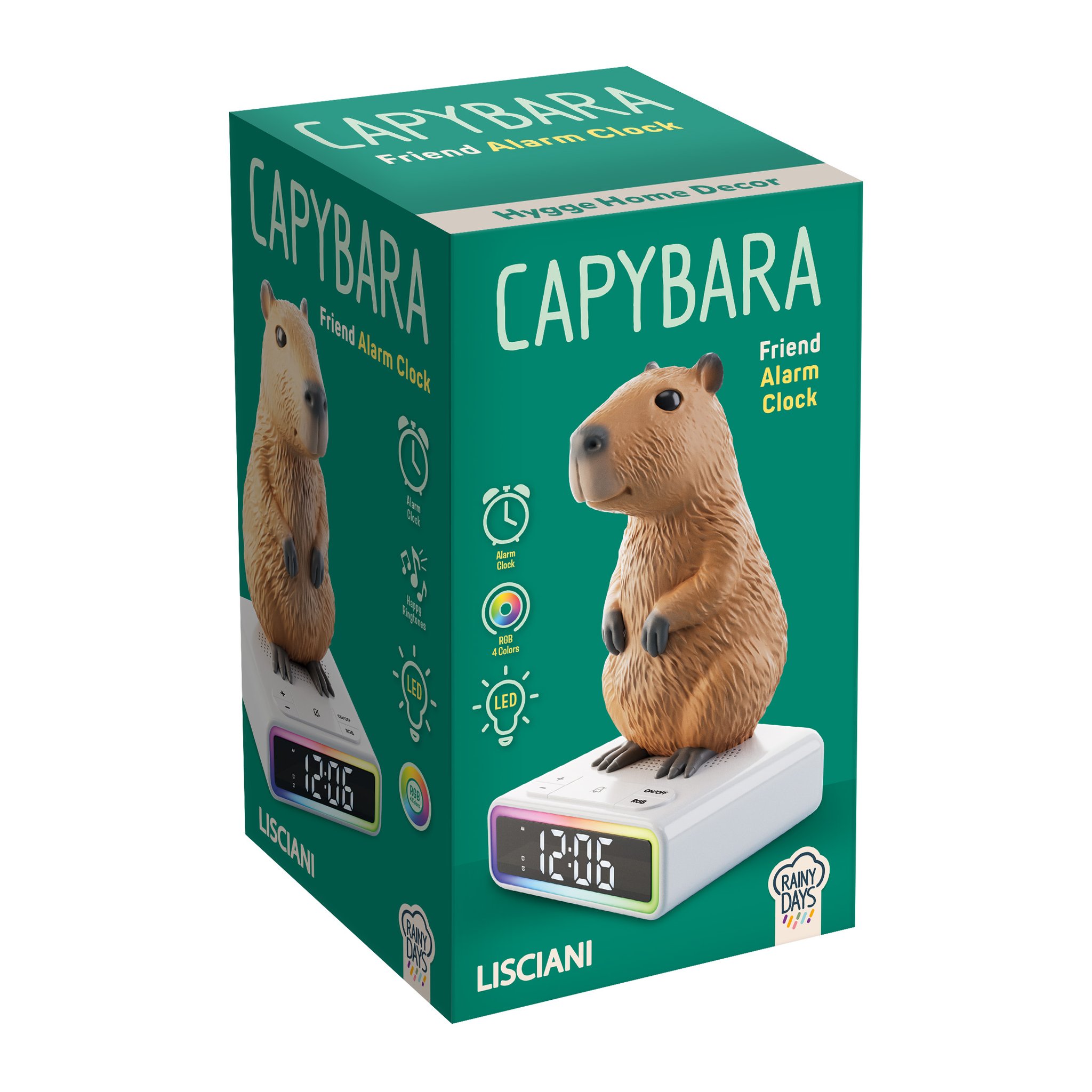 Packaging of the Capybara alarm clock from Lisciani's Rainy Days collection