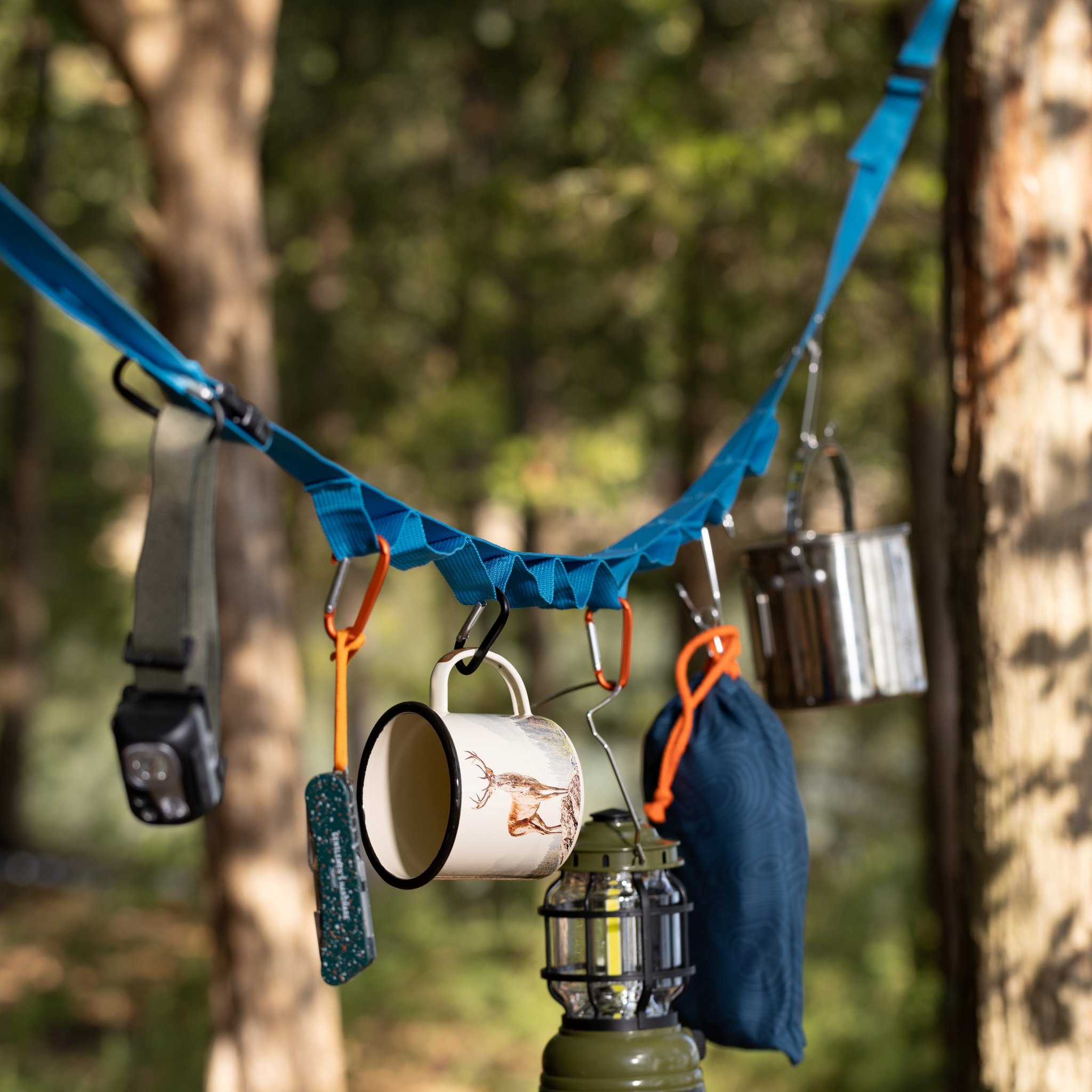 Camping gear hanging from the blue strap with the lantern cropped at the bottom and sunlit tree trunks behind