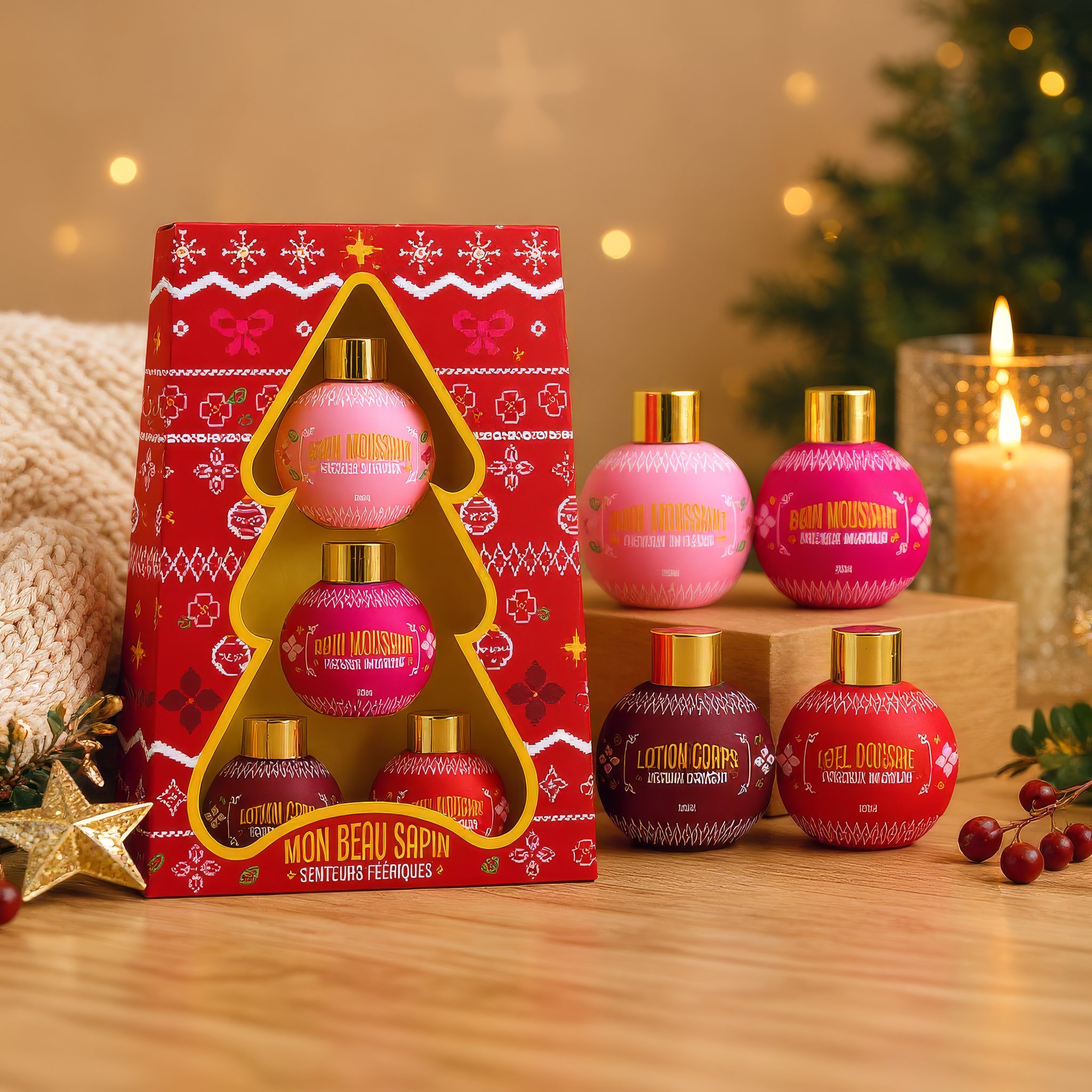 Geschenkbox in Tannenbaumform mit 4 Pflegeprodukten vor weihnachtlichem Hintergrund