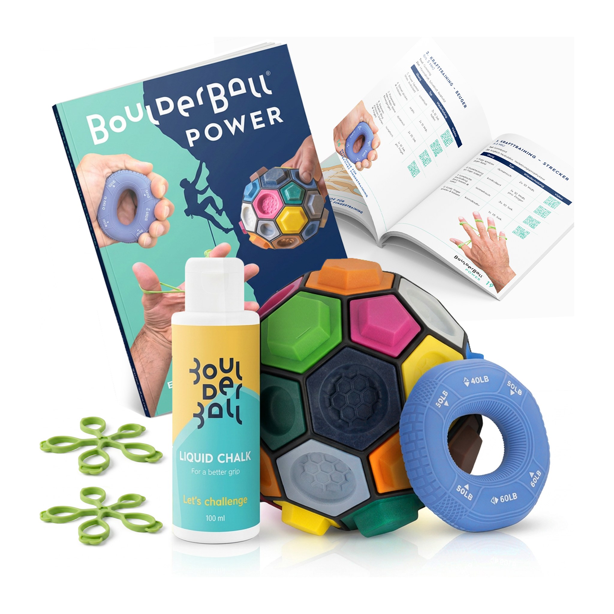 Set POWER con Boulderball, magnesite liquida, anello per la presa, due elastici e libretto di allenamento