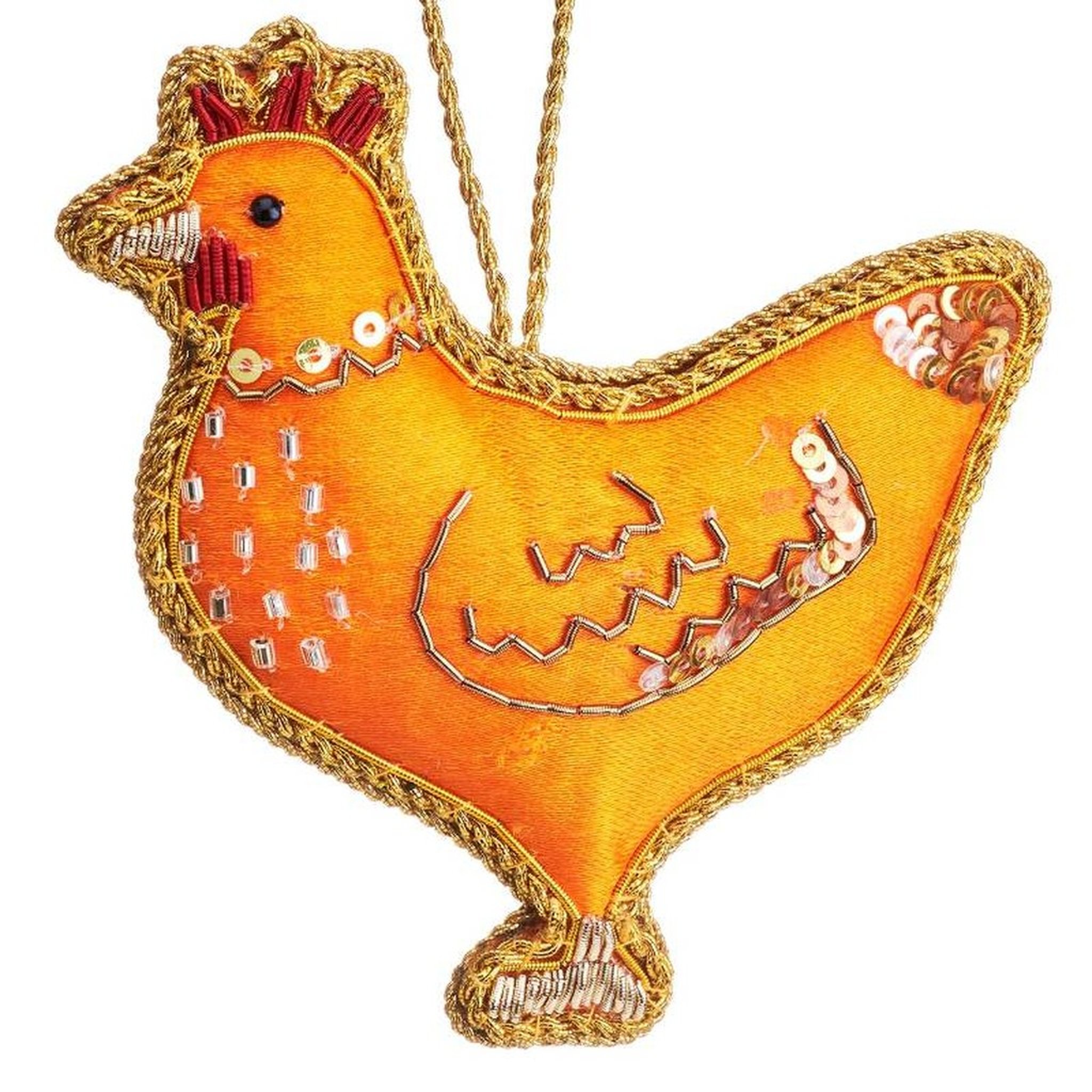 Weihnachtsschmuck Zari-Huhn freigestellt, Stoffanhänger mit Goldstickerei und Perlen