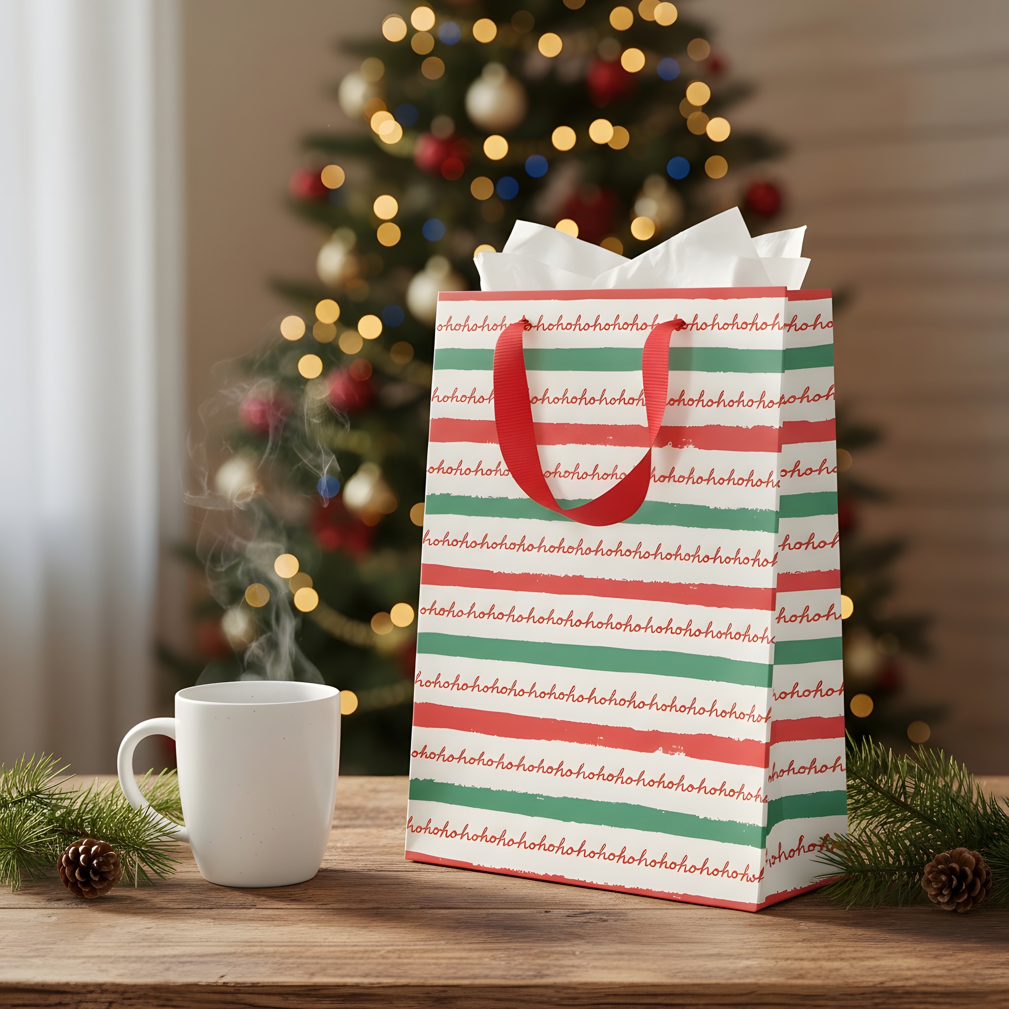 Medium Ho Ho Ho Christmas gift bag with stripes by Ohh Deer with tissue paper and a mug in front of a Christmas tree with fairy lights