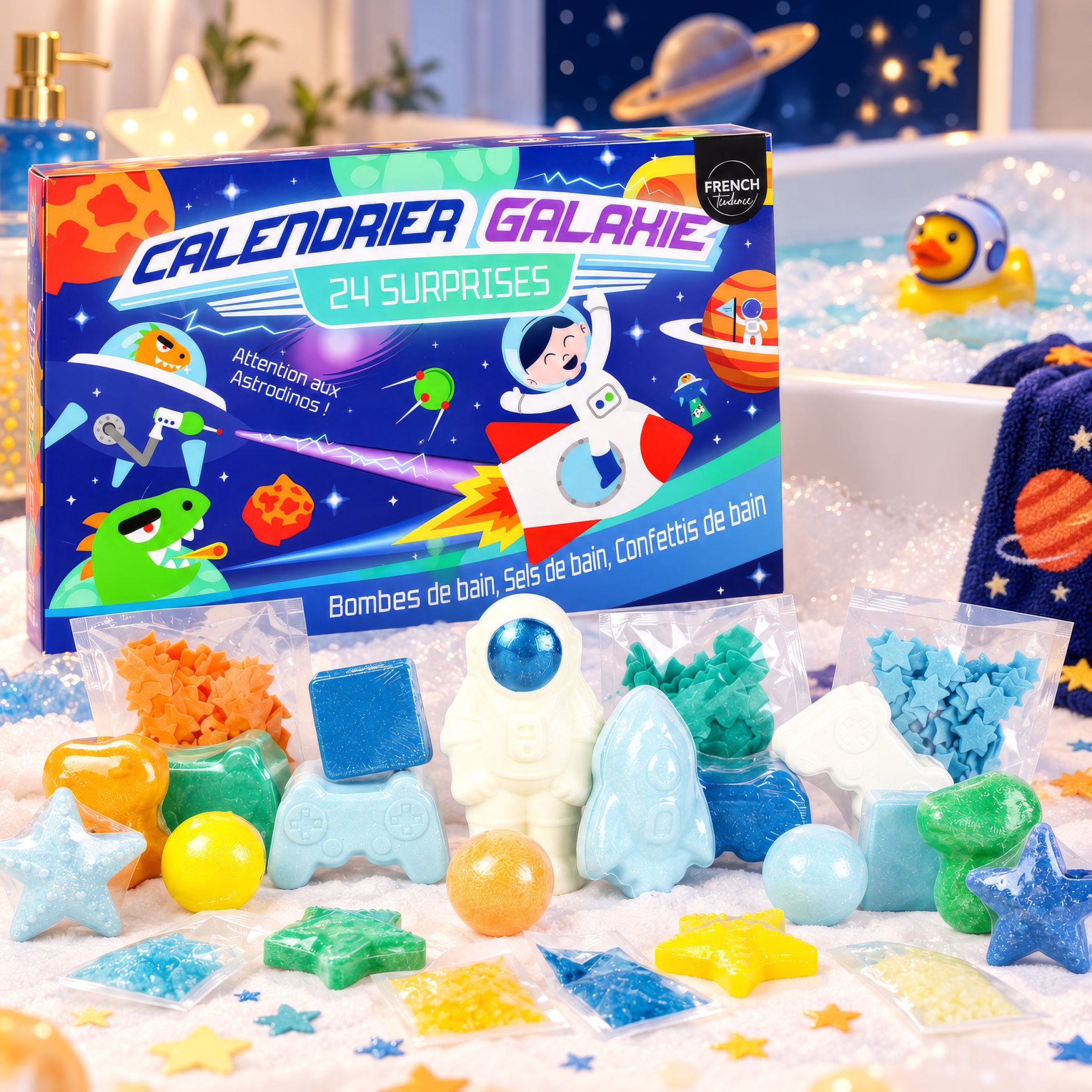 French Tendance Galaxy advent calendar with bath bombs, bath salts and bath confetti in the bathroom