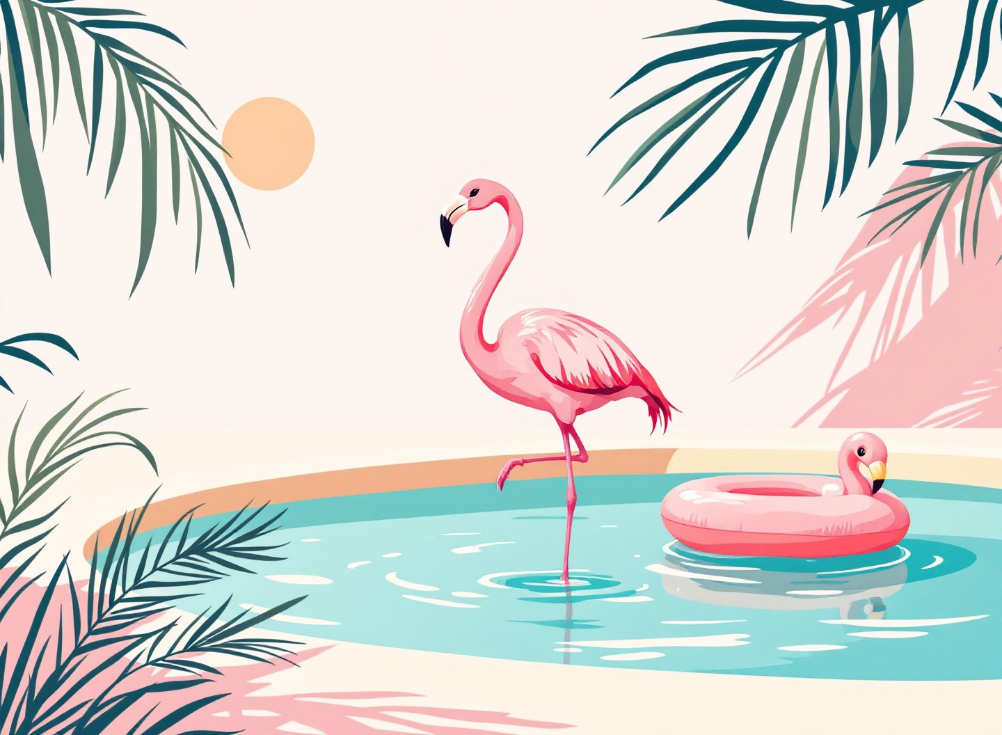 Flamingo standing on one leg in a pool next to an inflatable flamingo pool float — cover image for the trend retrospective Flamingo 2016 to 2019