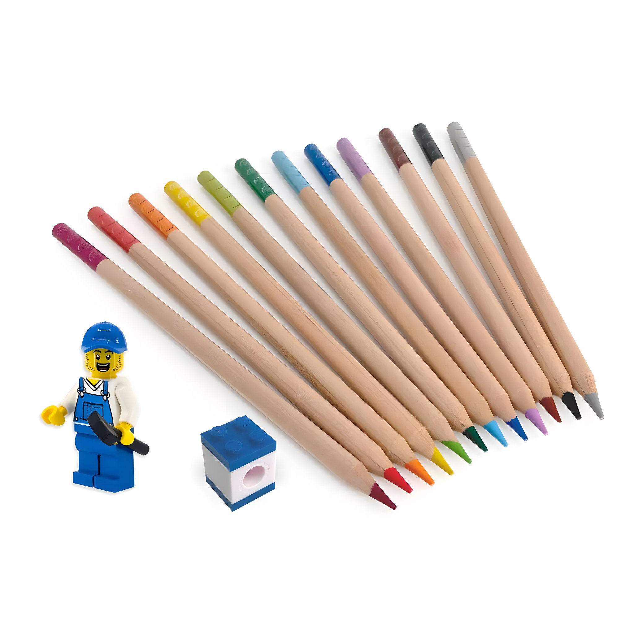 Zwölf LEGO Buntstifte in verschiedenen Farben mit Minifigur und 2x2-Aufsatz