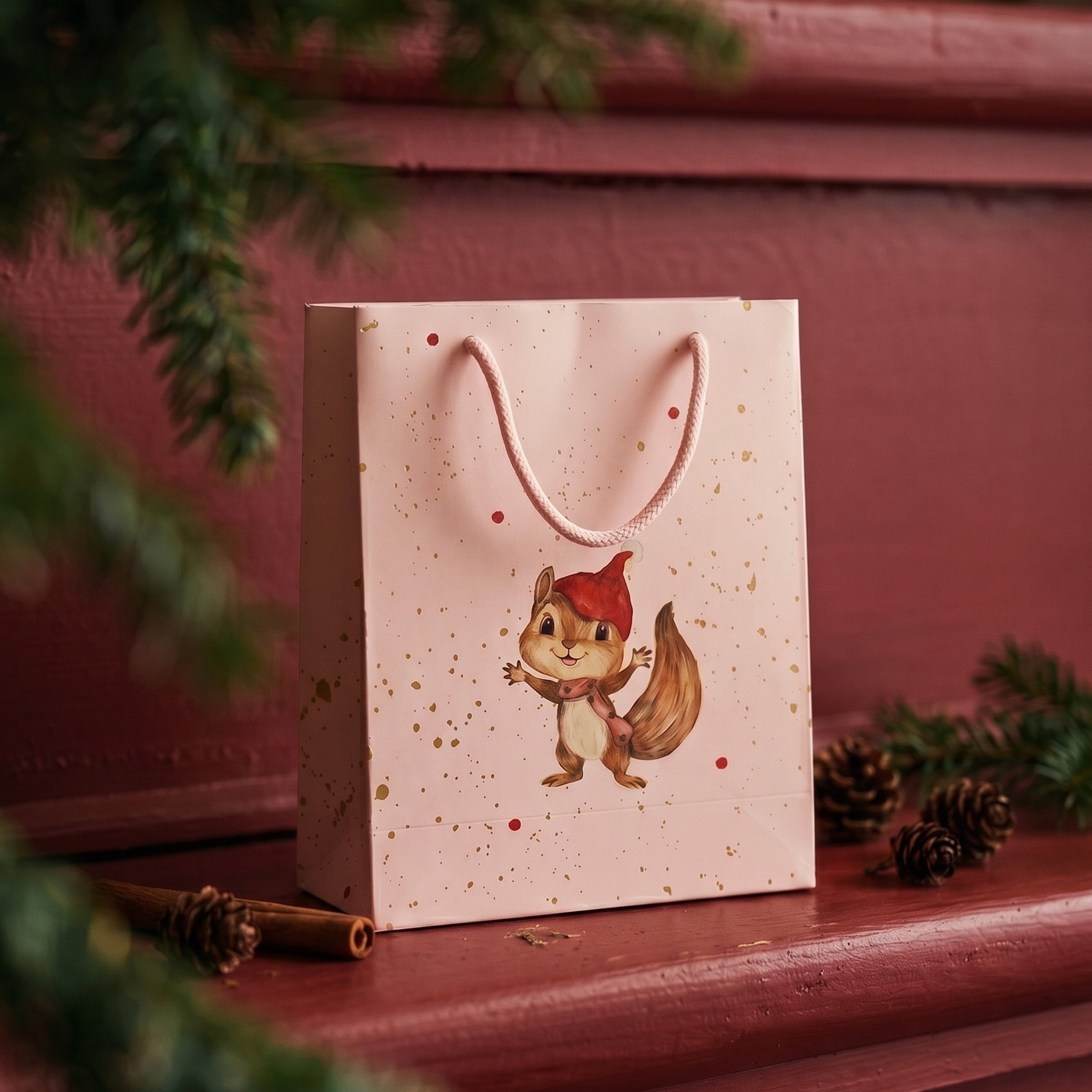Rosa Geschenktüte mit Eichhörnchen auf einer roten Fensterbank mit Tannenzweigen