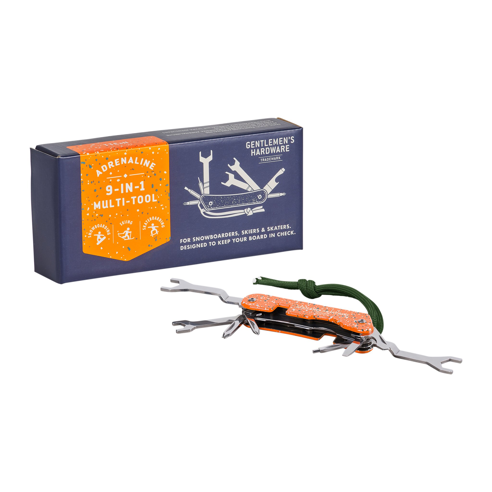 Dunkelblaue Schachtel des Adrenalin Multitools, davor das orange gesprenkelte Tool mit ausgeklappten Werkzeugen