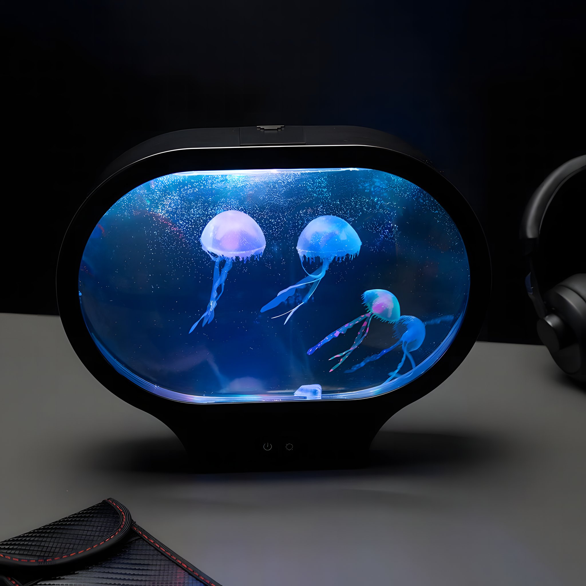 Lampada medusa con luce blu su una scrivania accanto alle cuffie