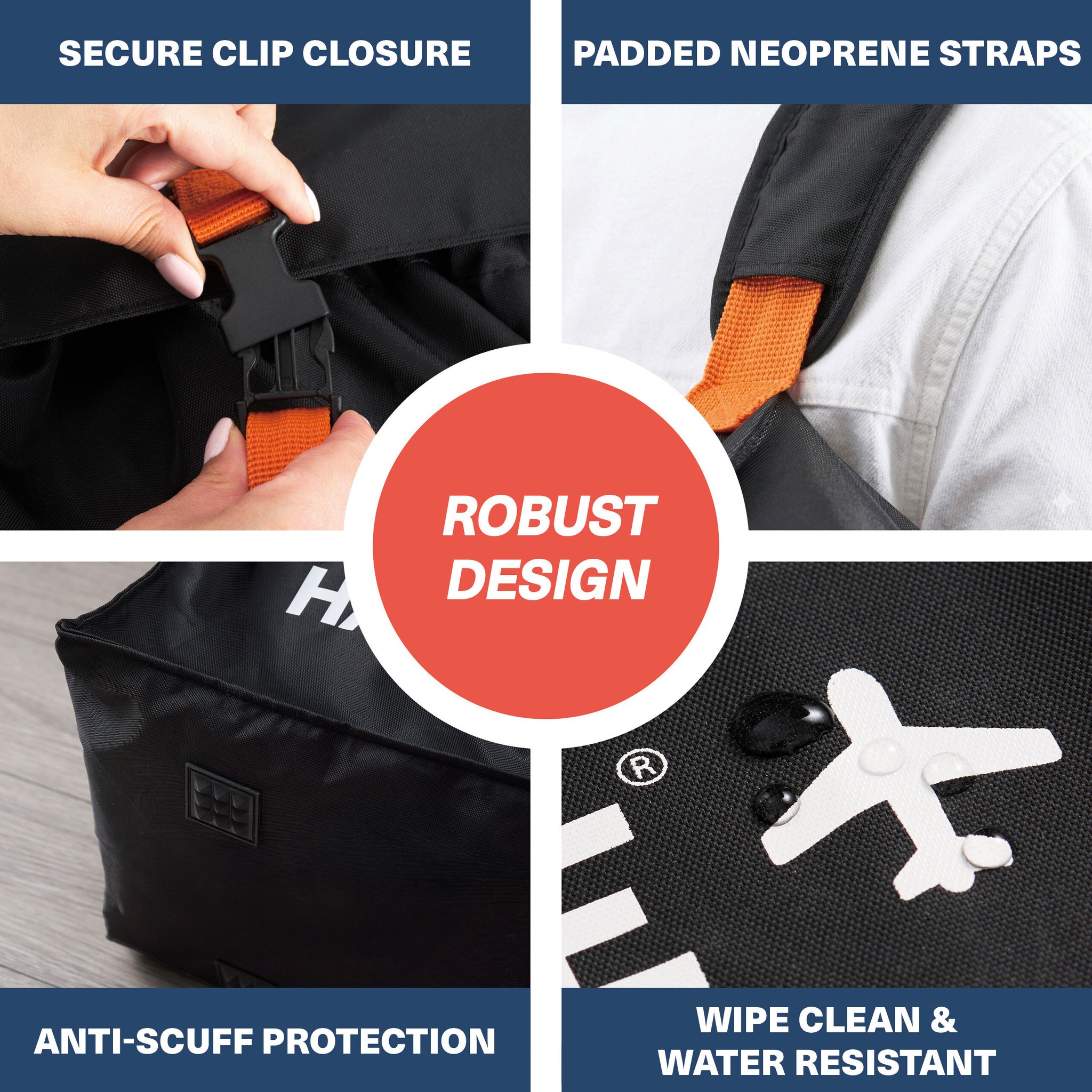 Detailansichten der XL Reisetasche: Clip-Verschluss, gepolsterte Neopren-Gurte, verstärkter Boden und abperlendes Wasser