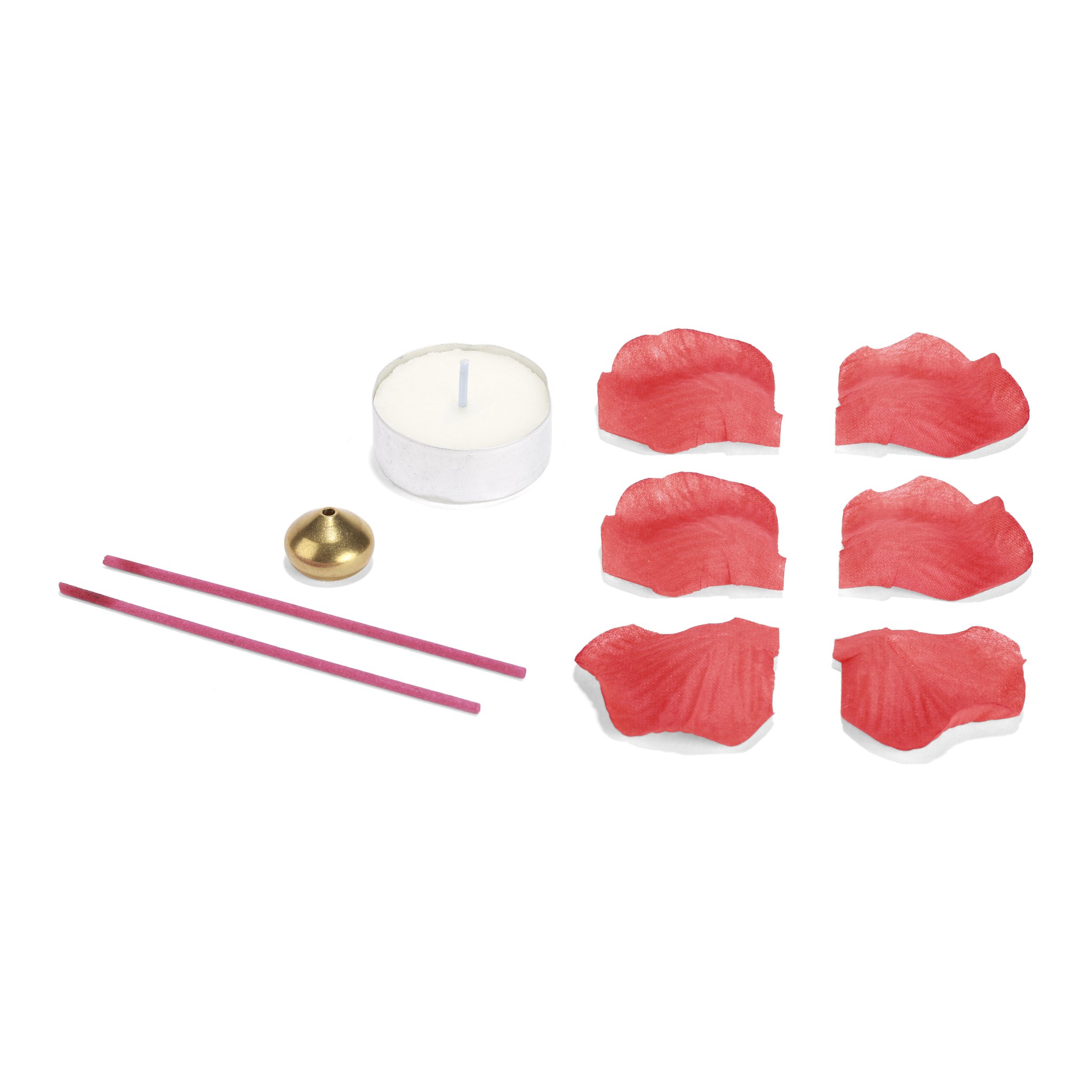 Contenu du kit : bougie, bâtons d'encens, support en laiton et pétales en soie